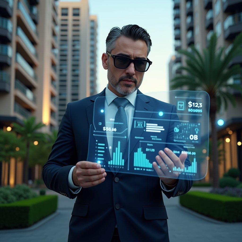 (Ultra-realistic condominium manager in a tailored navy suit, set in a modern luxury condominium environment with high-rise buildings and manicured green landscaping, examining a holographic dashboard of payment charts and digital invoices with a confident, focused expression, floating icons of boletos and currency symbols around him, cinematic lighting, shallow depth of field, highly detailed textures, realistic skin, photographic realism, 8k resolution --ar 1:1 --v 6)