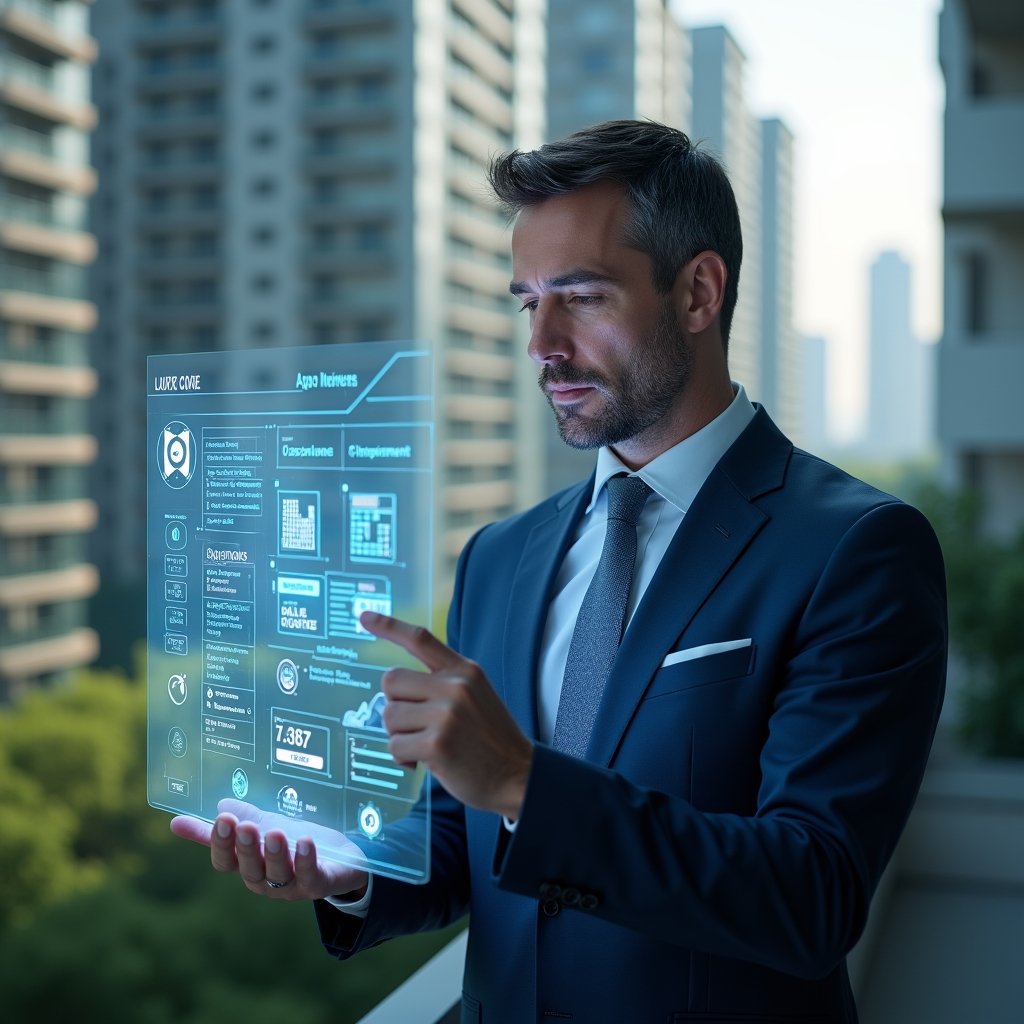 (Ultra-realistic condo manager in a navy blue executive suit, set in a modern luxury condominium environment with high-rise buildings and green landscaping, analyzing a transparent holographic interface displaying outdated app icons and performance charts with a thoughtful expression, holographic warning signs and digital widgets symbolizing obsolescence, cinematic lighting, shallow depth of field, highly detailed textures, realistic skin, photographic realism, 8k resolution --ar 1:1 --v 6)
