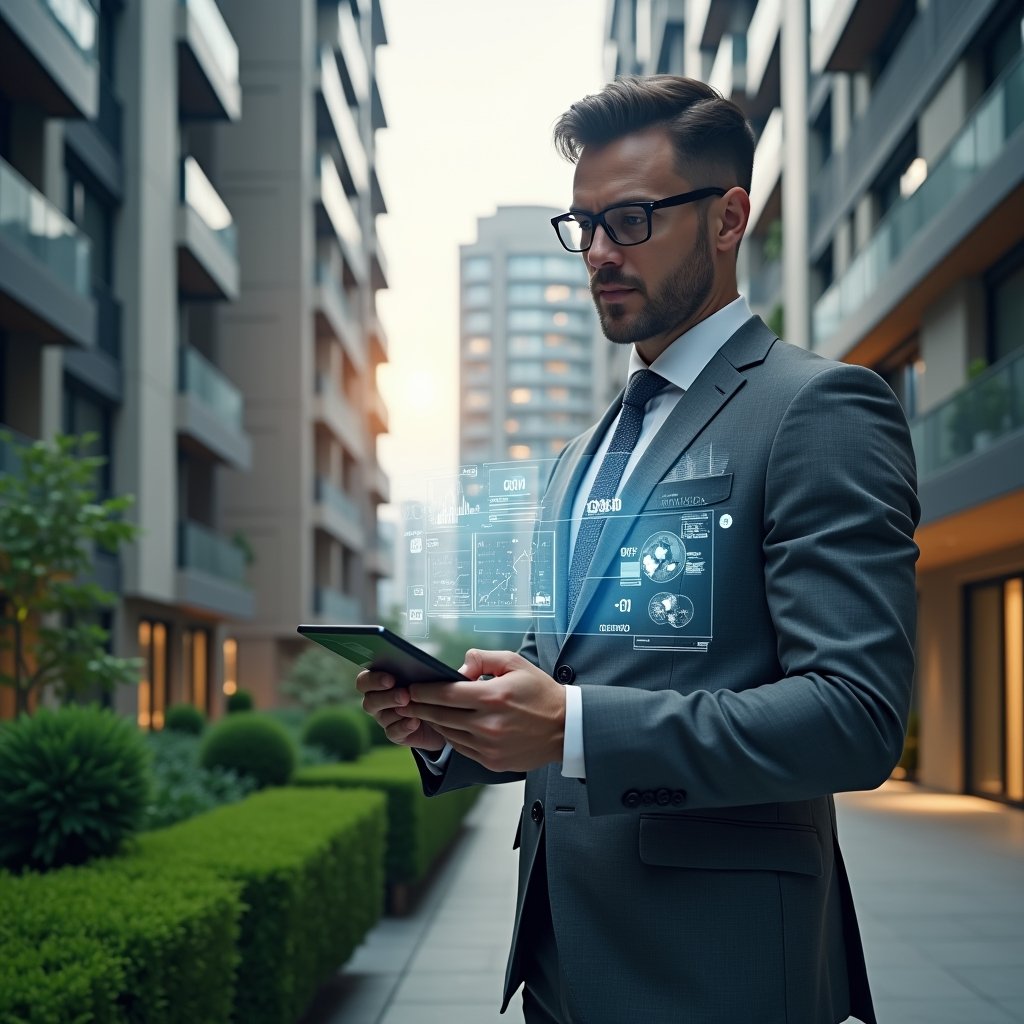 Ultra-realistic condominium manager in a charcoal gray suit, set in a modern luxury condominium environment with high-rise buildings and manicured green landscaping, holding a transparent holographic dashboard displaying graphs and automated workflows, confidently analyzing data on a sleek tablet, futuristic icons of automation and efficiency floating around, cinematic lighting, shallow depth of field, highly detailed textures, realistic skin, photographic realism, 8k resolution --ar 1:1 --v 6