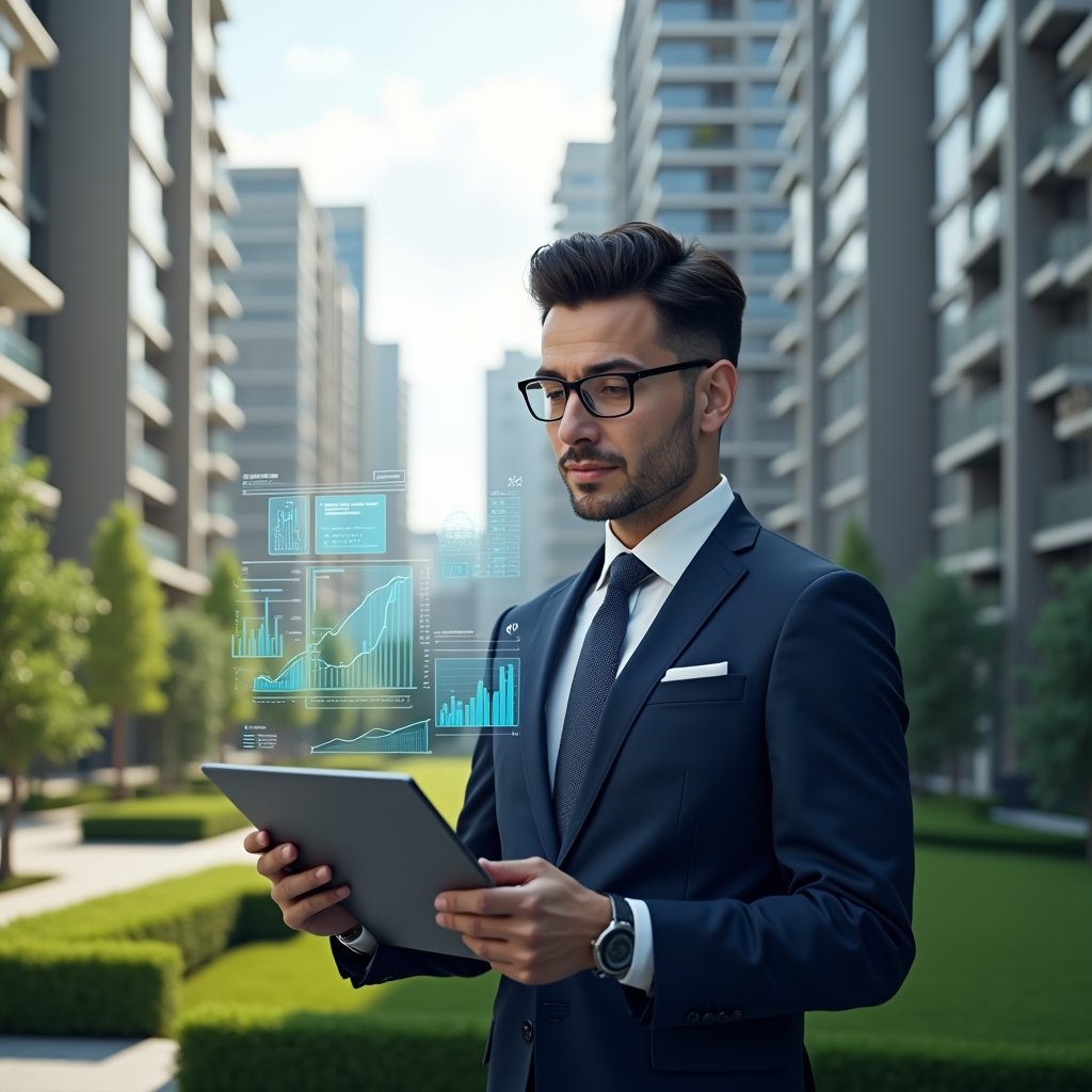 (Ultra-realistic condominium manager in a navy executive suit, set in a modern luxury condominium environment with high-rise buildings and meticulously landscaped greenery, reviewing floating holographic financial charts with a confident, focused expression, interactive digital interface elements symbolizing real-time reporting and error reduction, cinematic lighting, shallow depth of field, highly detailed textures, realistic skin, photographic realism, 8k resolution --ar 1:1 --v 6)