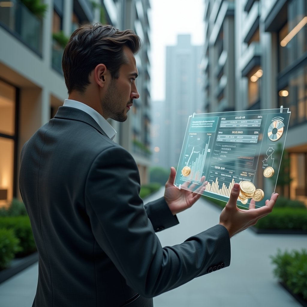 (Ultra-realistic condominium manager in a tailored dark gray suit, set in a modern luxury condominium environment with high-rise buildings and manicured green landscaping, examining a semi-transparent holographic financial dashboard displaying cost-reduction graphs and expense reports, confident and focused expression, floating icons of coins and pie charts around the hologram, cinematic lighting, shallow depth of field, highly detailed textures, realistic skin, photographic realism, 8k resolution --ar 1:1 --v 6)