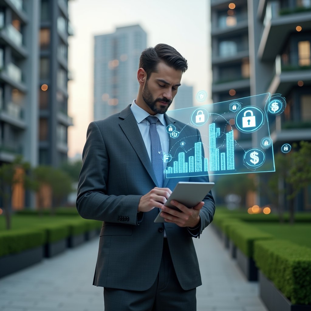 (Ultra-realistic condominium manager in a charcoal gray business suit, set in a modern luxury condominium environment with high-rise buildings and manicured green landscaping, holding a tablet displaying a holographic financial dashboard with transparent charts and graphs, confidently analyzing data, futuristic holographic icons of locks and currency symbols floating around, cinematic lighting, shallow depth of field, highly detailed textures, realistic skin, photographic realism, 8k resolution --ar 1:1 --v 6)