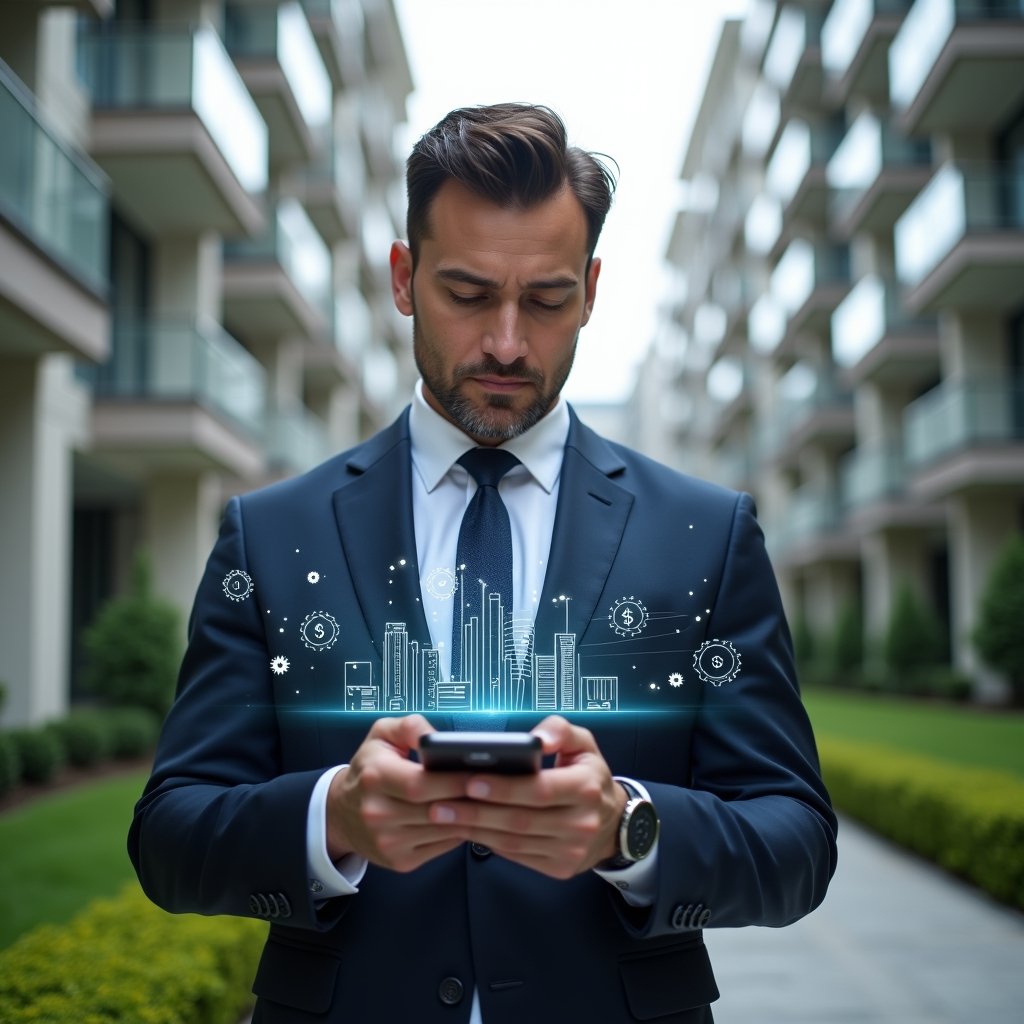 (Ultra-realistic condominium manager in a tailored navy suit, set in a modern luxury condominium environment with high-rise buildings and manicured green landscaping, holding a smartphone and interacting with a floating holographic app interface displaying financial charts and maintenance icons, confident and focused expression, holographic symbols of gears and building outlines orbiting around the device, cinematic lighting, shallow depth of field, highly detailed textures, realistic skin, photographic realism, 8k resolution --ar 1:1 --v 6)