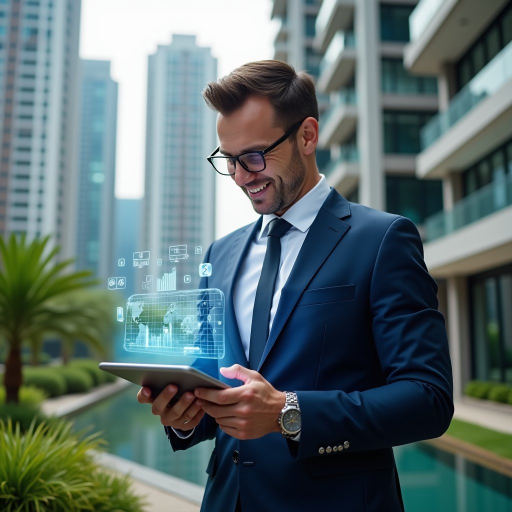(Ultra-realistic condominium manager in a navy blue business suit, set in a modern luxury condominium environment with high-rise buildings and meticulously maintained green landscaping, examining a tablet displaying holographic financial charts and graphs with a confident smile, floating icons of money and transparency symbols around the device, cinematic lighting, shallow depth of field, highly detailed textures, realistic skin, photographic realism, 8k resolution --ar 1:1 --v 6)