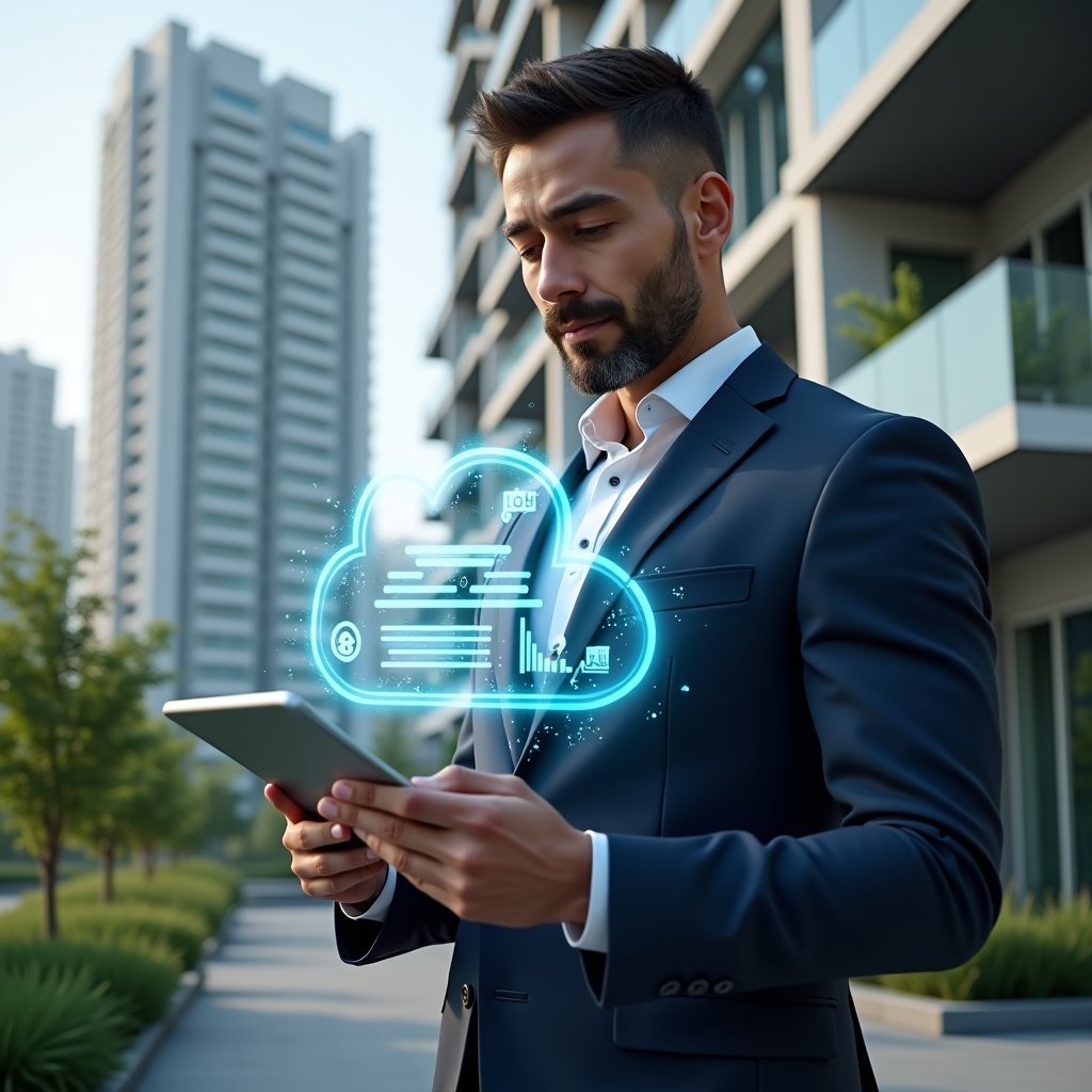 Ultra-realistic property manager in a navy suit, set in a modern luxury condominium environment with high-rise buildings and green landscaping, holding a tablet displaying a holographic cloud app interface with chat bubbles and financial charts, confidently analyzing data, cinematic lighting, shallow depth of field, highly detailed textures, realistic skin, photographic realism, 8k resolution --ar 1:1 --v 6