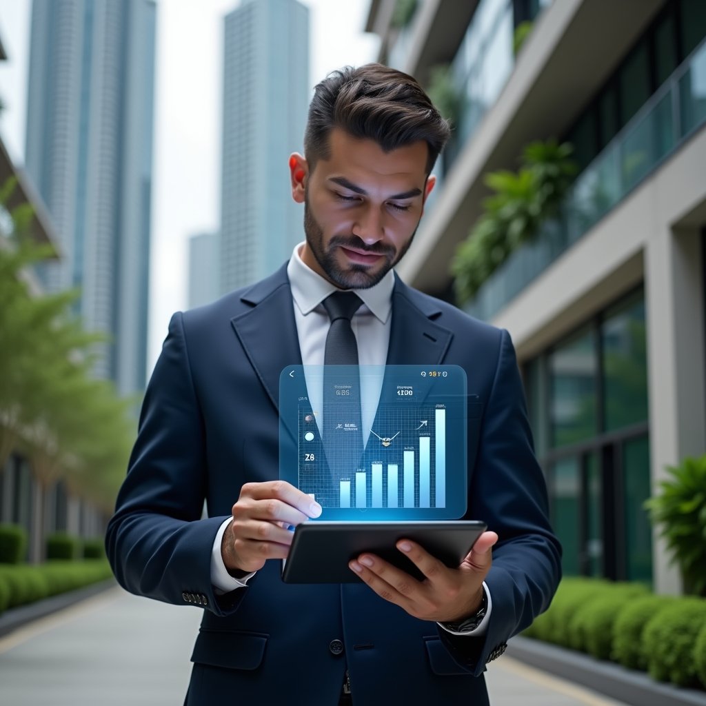 Ultra-realistic condominium manager in a navy suit, set in a modern luxury condominium environment with high-rise buildings and green landscaping, mid-shot analyzing a holographic expense chart floating above a tablet, smartphone displaying a condo management app UI by their side, floating dollar and checklist icons symbolizing budget control, confident expression, cinematic lighting, shallow depth of field, highly detailed textures, realistic skin, photographic realism, 8k resolution --ar 1:1 --v 6