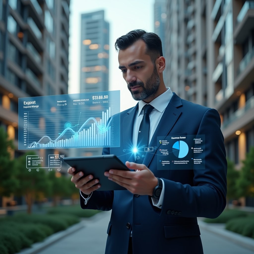 Ultra-realistic condominium manager in a dark blue suit, set in a modern luxury condominium environment with high-rise buildings and green landscaping, analyzing a floating holographic budget chart and holding a digital tablet displaying expense reports, holographic pie charts and calendar icons symbolizing planning, confident and focused expression, cinematic lighting, shallow depth of field, highly detailed textures, realistic skin, photographic realism, 8k resolution --ar 1:1 --v 6