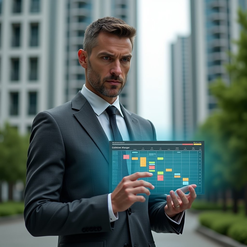 (Ultra-realistic condominium manager in a charcoal gray tailored suit, set in a modern luxury condominium environment with high-rise buildings and lush green landscaping, holding and analyzing a floating holographic activity schedule calendar, tapping on colorful timeline icons that represent maintenance tasks and events, confident and focused expression, cinematic lighting, shallow depth of field, highly detailed textures, realistic skin, photographic realism, 8k resolution --ar 1:1 --v 6)