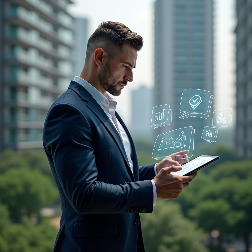 (Ultra-realistic condo manager in a tailored navy blue suit, set in a modern luxury condominium environment with high-rise buildings and lush green landscaping, reviewing a digital tablet displaying charts and a checklist hologram, surrounded by floating icons of chat bubbles and financial graphs to symbolize communication and organization, confident and focused expression, cinematic lighting, shallow depth of field, highly detailed textures, realistic skin, photographic realism, 8k resolution --ar 1:1 --v 6)