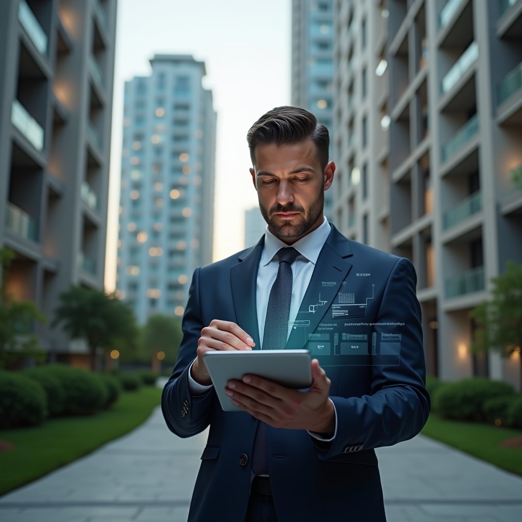 Ultra-realistic condominium manager in a tailored navy suit, set in a modern luxury condominium environment with high-rise buildings and manicured green landscaping, checking a digital tablet displaying floating holographic budget charts and investment approvals, confident and focused expression, cinematic lighting, shallow depth of field, highly detailed textures, realistic skin, photographic realism, 8k resolution --ar 1:1 --v 6