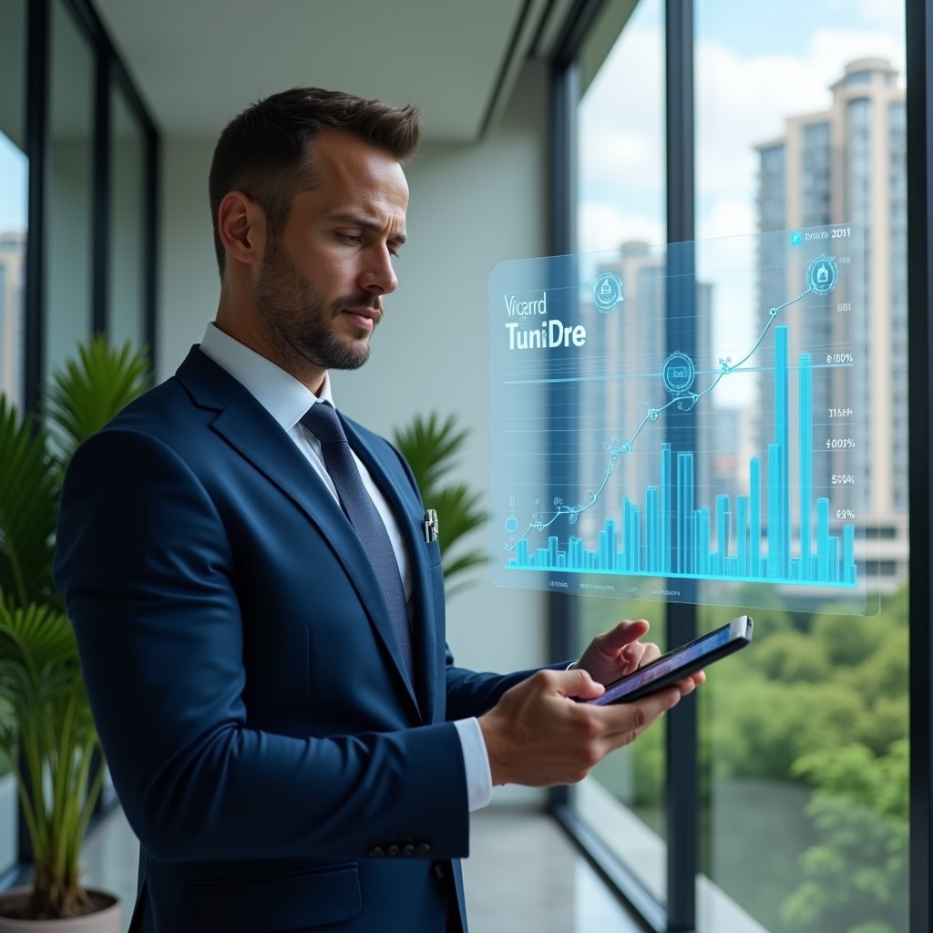 Ultra-realistic condominium administrator in a navy blue executive suit, set in a modern luxury condominium environment with high-rise buildings and lush green landscaping, standing in a sleek management office analyzing a holographic expense chart projected from a tablet, floating pie charts and currency icons symbolizing ordinary and extraordinary expenses, confident and focused expression, cinematic lighting, shallow depth of field, highly detailed textures, realistic skin, photographic realism, 8k resolution --ar 1:1 --v 6
