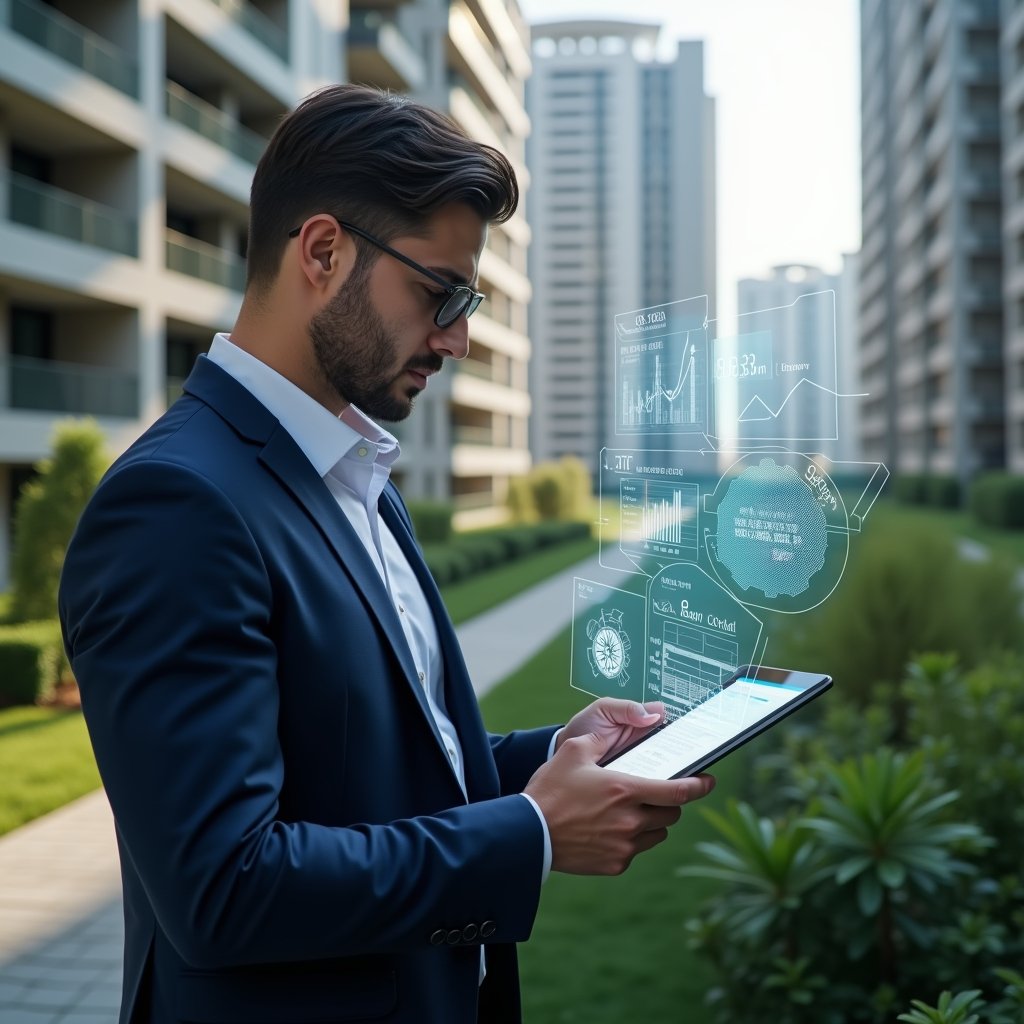 Ultra-realistic property manager in a navy suit, set in a modern luxury condominium environment with high-rise buildings and lush green landscaping, holding a digital tablet displaying holographic financial graphs and checklist icons, confidently reviewing data to streamline operations, subtle holographic condominium floor plans floating beside them, cinematic lighting, shallow depth of field, highly detailed textures, realistic skin, photographic realism, 8k resolution --ar 1:1 --v 6