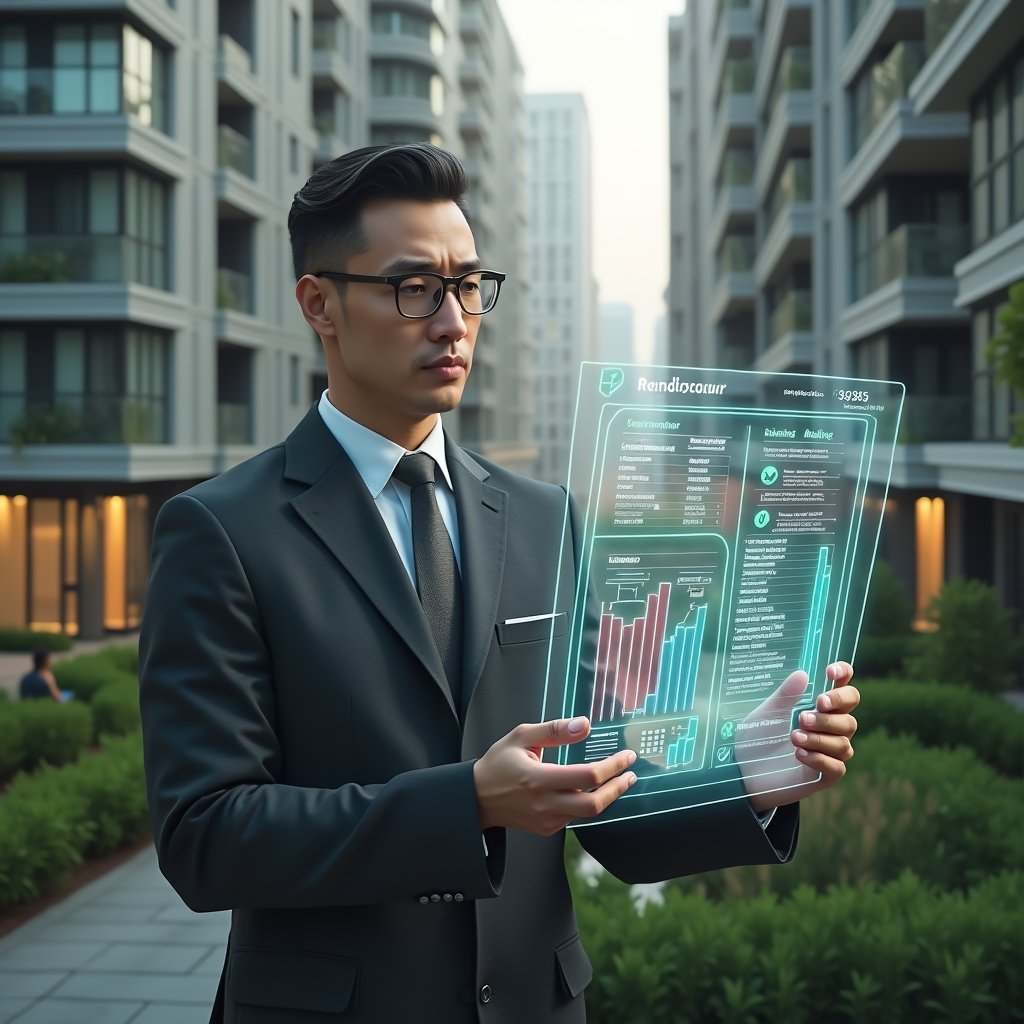 Ultra-realistic condominium manager in a charcoal gray suit, set in a modern luxury condominium environment with high-rise buildings and manicured green spaces, holding a transparent holographic financial report highlighting errors in red and checkmarks in green, analyzing with a focused, confident expression, floating icons of documents and bar charts around, cinematic lighting, shallow depth of field, highly detailed textures, realistic skin, photographic realism, 8k resolution --ar 1:1 --v 6