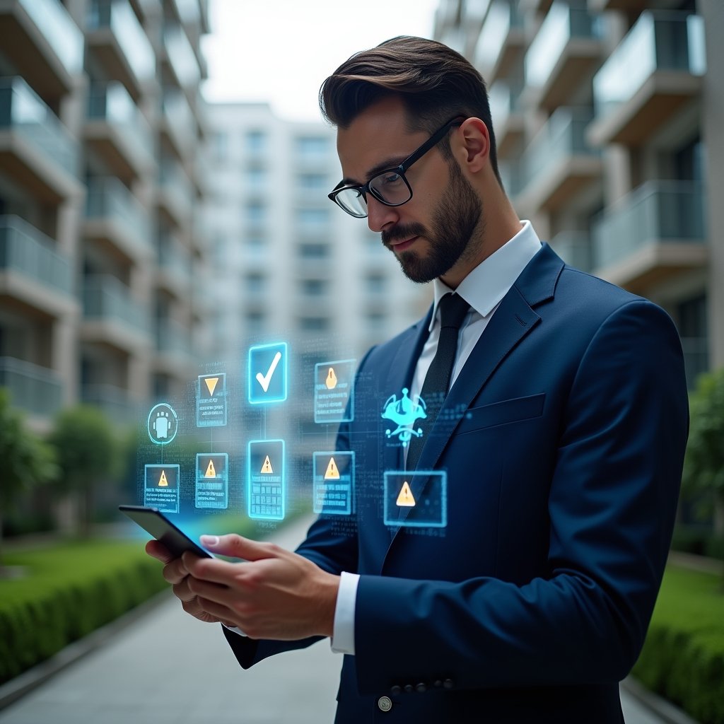 Ultra-realistic condominium manager in a navy blue suit, holding a tablet with holographic app icons showing checkmarks and warning symbols, set in a modern luxury condominium environment with high-rise buildings and manicured green landscaping, analyzing the digital interface with a thoughtful, confident expression, cinematic lighting, shallow depth of field, highly detailed textures, realistic skin, photographic realism, 8k resolution --ar 1:1 --v 6