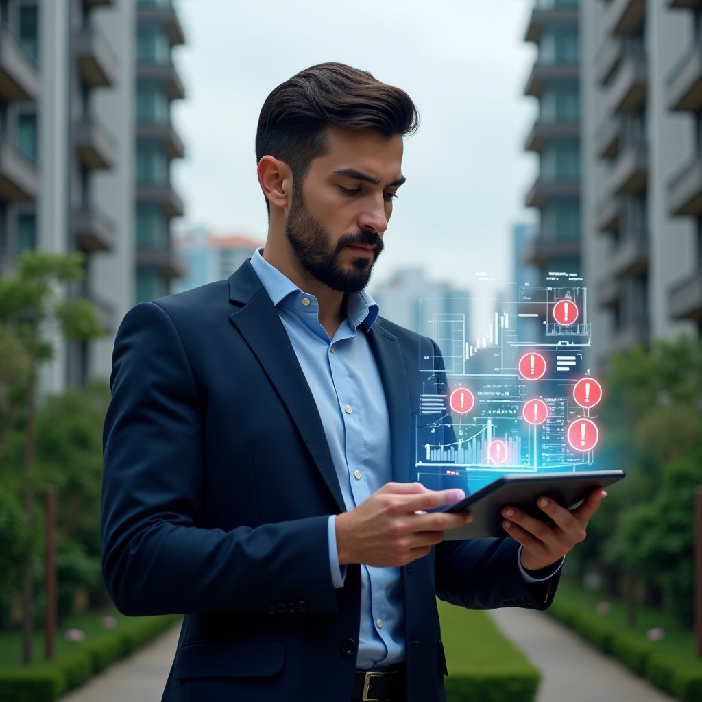 Ultra-realistic condominium manager in a navy blue suit, set in a modern luxury condominium environment with high-rise buildings and lush green landscaping, reviewing financial reports on a digital tablet with floating holographic graphs and red exclamation icons indicating errors, focused and confident expression, cinematic lighting, shallow depth of field, highly detailed textures, realistic skin, photographic realism, 8k resolution --ar 1:1 --v 6