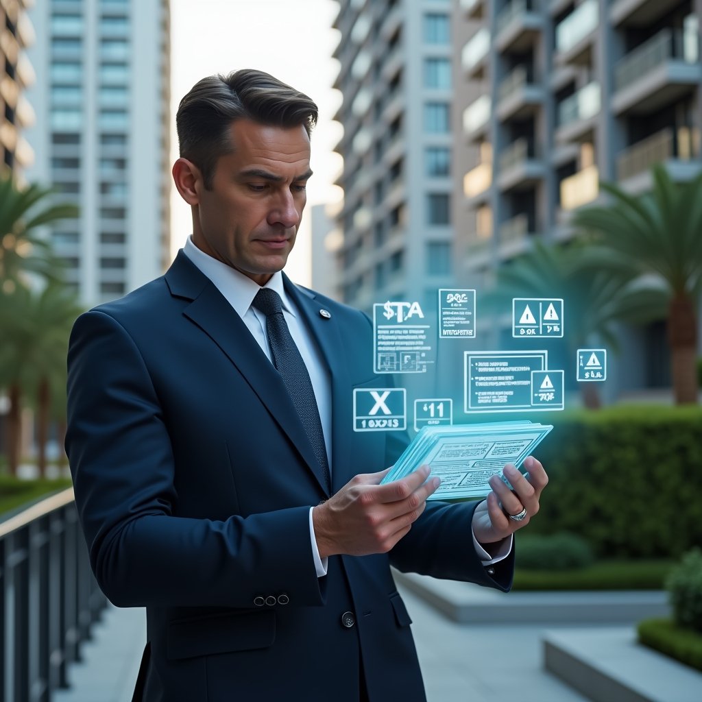 (Ultra-realistic condominium manager in a tailored navy-blue suit, set in a modern luxury condominium environment with high-rise buildings and manicured greenery, reviewing a transparent holographic financial report with seven highlighted error icons floating around, expression focused and confident, cinematic lighting, shallow depth of field, highly detailed textures, realistic skin, photographic realism, 8k resolution --ar 1:1 --v 6)