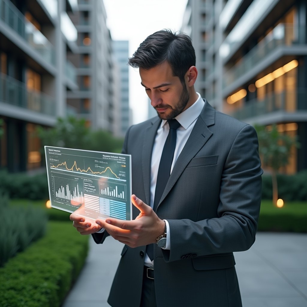 (Ultra-realistic condominium manager in a charcoal gray suit, set in a modern luxury condominium environment with high-rise buildings and manicured green landscaping in the background, holding a transparent holographic financial report with glowing charts and icons, examining data with a focused and confident expression, cinematic lighting, shallow depth of field, highly detailed textures, realistic skin, photographic realism, 8k resolution --ar 1:1 --v 6)