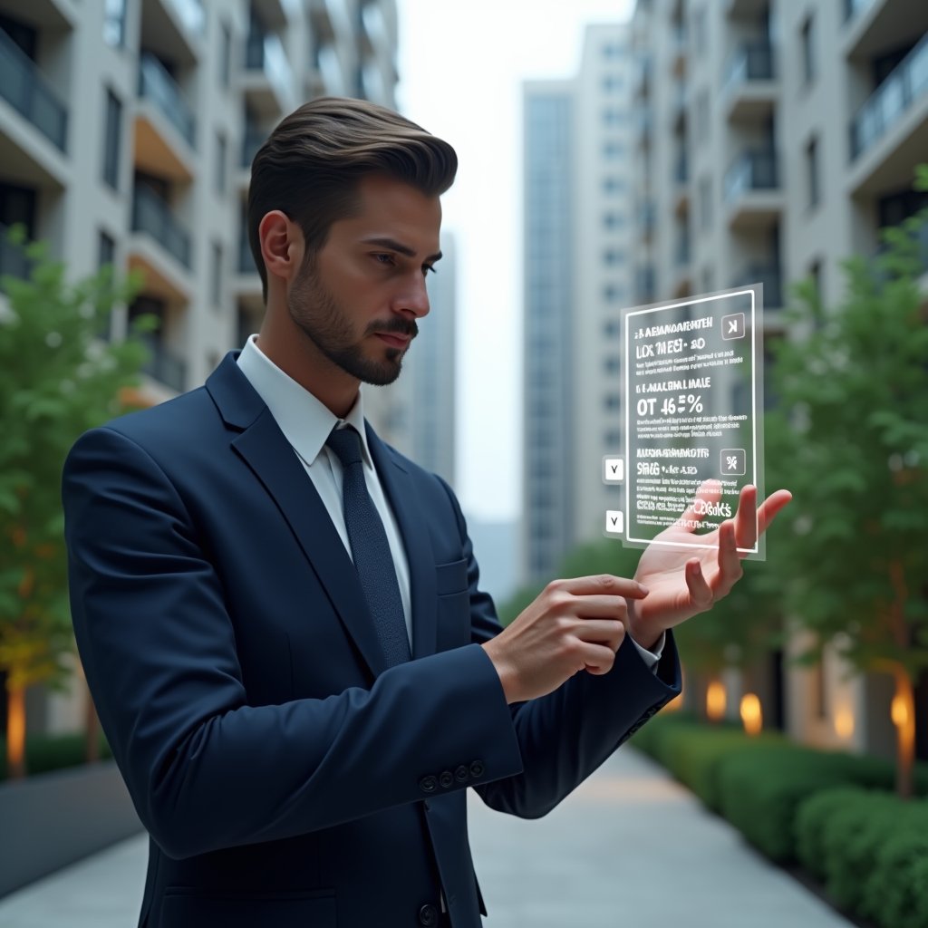 (Ultra-realistic condominium manager in a navy executive suit, set in a modern luxury condominium environment with high-rise buildings and lush green landscaping, thoughtfully analyzing a floating holographic checklist displaying warning icons for management errors, cinematic lighting, shallow depth of field, highly detailed textures, realistic skin, photographic realism, 8k resolution --ar 1:1 --v 6)