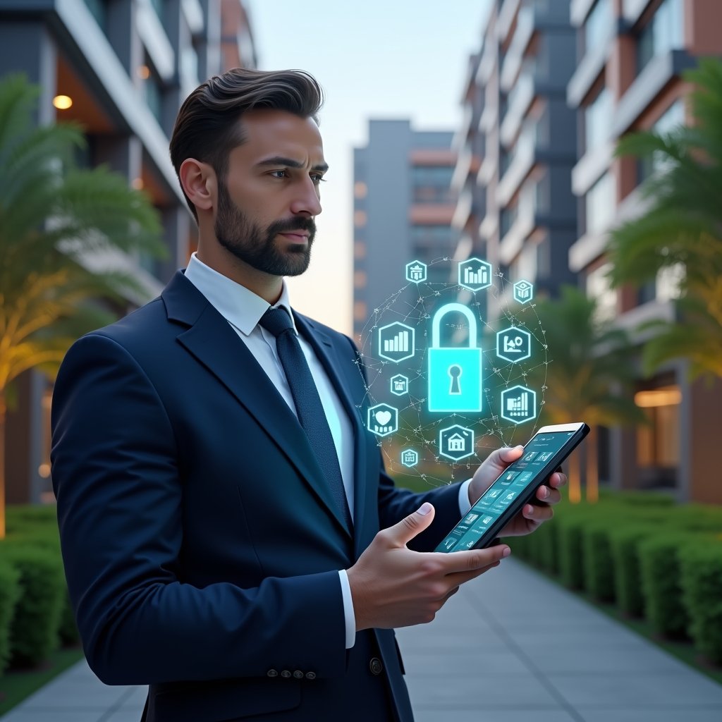Ultra-realistic condominium manager in a tailored navy suit, set in a modern luxury condominium environment with high-rise buildings and manicured green landscaping, holding a tablet displaying holographic app icons and financial charts, confidently analyzing digital security padlock hologram, cinematic lighting, shallow depth of field, highly detailed textures, realistic skin, photographic realism, 8k resolution --ar 1:1 --v 6