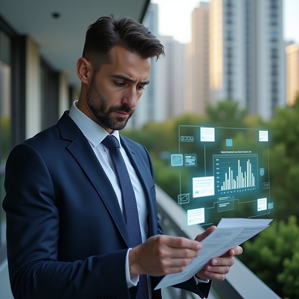 (Ultra-realistic condominium manager in a navy executive suit, set in a modern luxury condominium environment with high-rise buildings and meticulously landscaped greenery, reviewing a holographic financial report with floating icons of receipts and bar charts, serious and focused expression conveying transparency and accountability, cinematic lighting, shallow depth of field, highly detailed textures, realistic skin, photographic realism, 8k resolution --ar 1:1 --v 6)