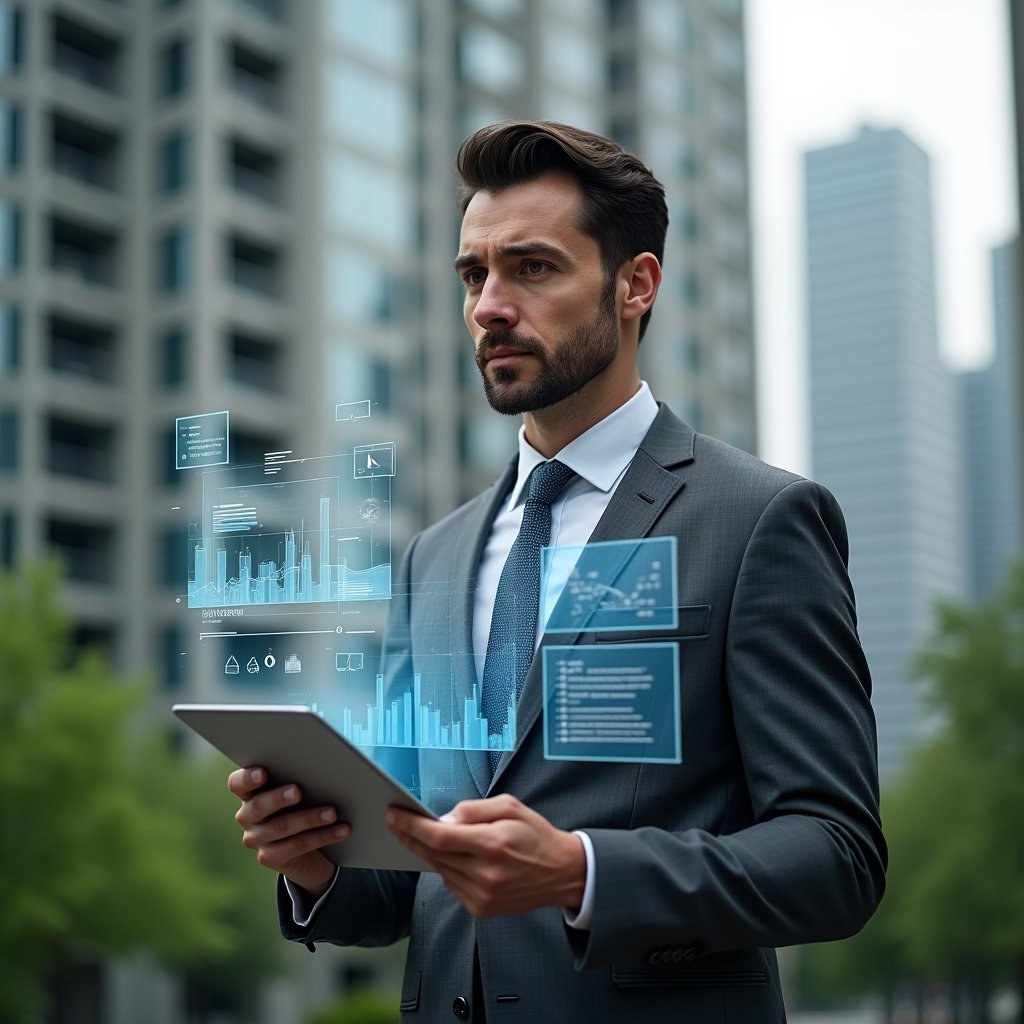 Ultra-realistic condominium manager in a charcoal gray suit, set in a modern luxury condominium environment with high-rise buildings and lush green landscaping, holding and reviewing floating holographic financial reports and charts with a focused, confident expression, holographic icons of balance sheets and graphs surrounding them, cinematic lighting, shallow depth of field, highly detailed textures, realistic skin, photographic realism, 8k resolution --ar 1:1 --v 6