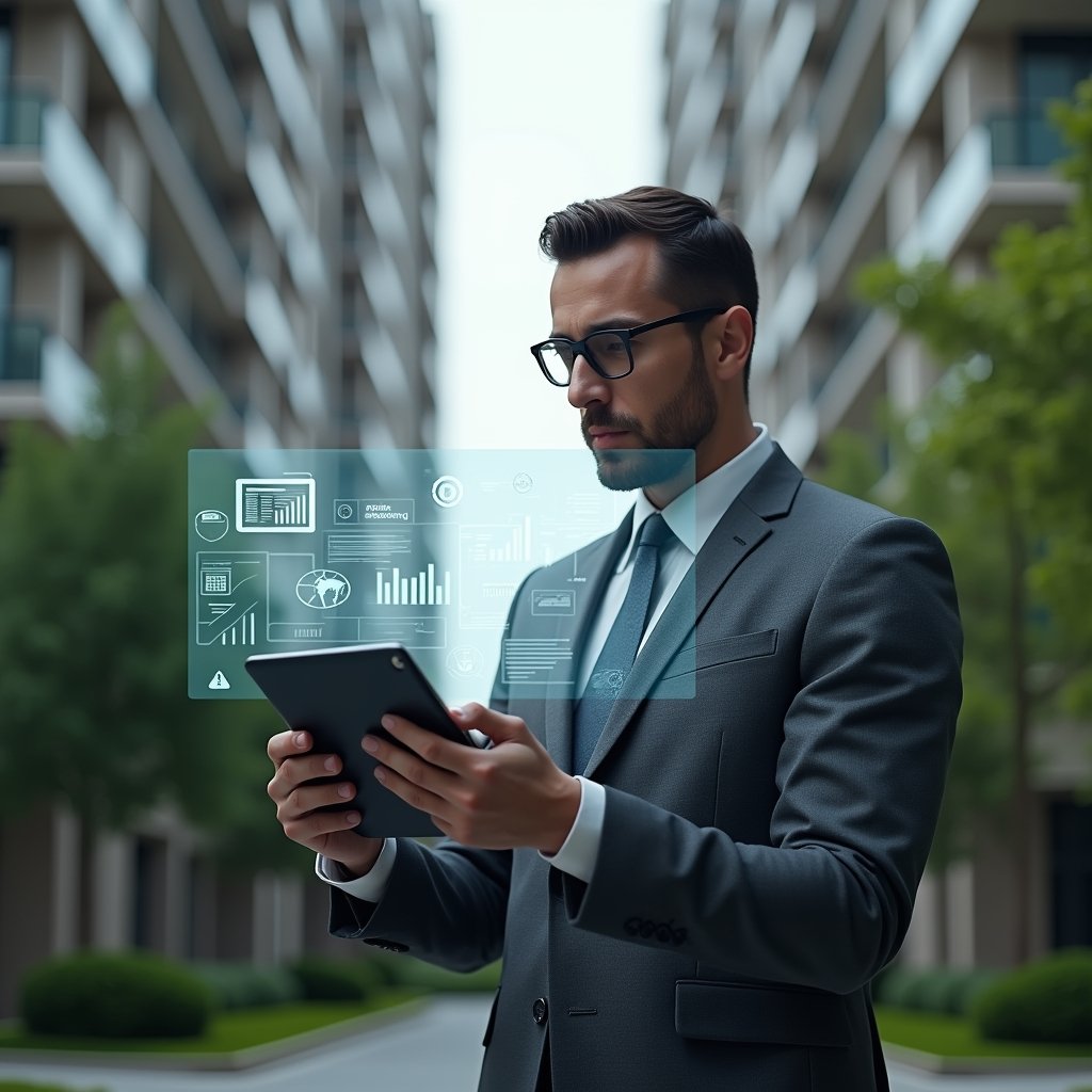 (Ultra-realistic condominium manager in a charcoal gray suit, set in a modern luxury condominium environment with high-rise buildings and manicured green landscaping, mid-shot of a thoughtful property manager reviewing a holographic financial report projected from a tablet, floating icons of documents, charts and warning symbols around him, cinematic lighting, shallow depth of field, highly detailed textures, realistic skin, photographic realism, 8k resolution --ar 1:1 --v 6)