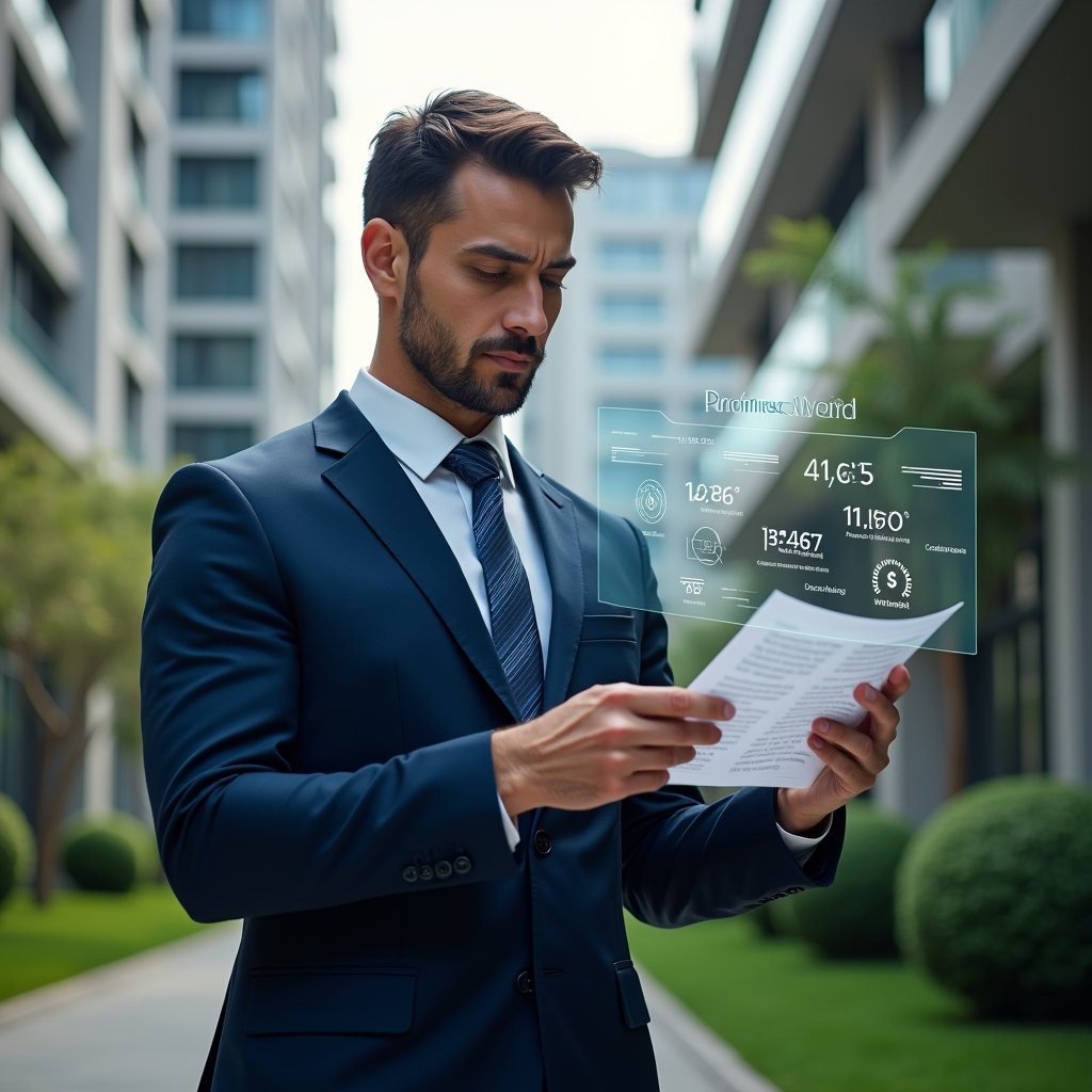(Ultra-realistic condominium manager in a tailored navy-blue suit, set in a modern luxury condominium environment with high-rise buildings and manicured green landscaping, reviewing a holographic financial report with warning icons and charts, thoughtful and confident expression, cinematic lighting, shallow depth of field, highly detailed textures, realistic skin, photographic realism, 8k resolution --ar 1:1 --v 6)