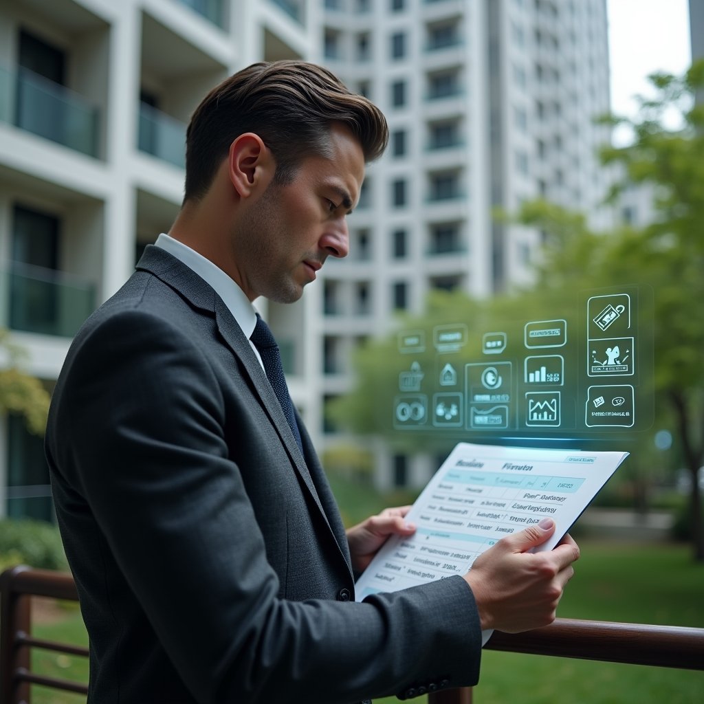 (Ultra-realistic condominium manager in a tailored dark gray suit, set in a modern luxury condominium environment with high-rise buildings and lush green landscaping, reviewing a holographic financial report with floating icons of checklists and highlighted errors, focused and serious expression, cinematic lighting, shallow depth of field, highly detailed textures, realistic skin, photographic realism, 8k resolution --ar 1:1 --v 6)