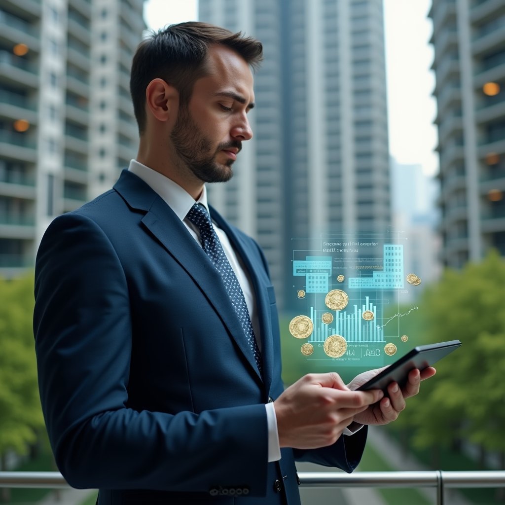 Ultra-realistic condominium manager in a dark blue tailored suit, set in a modern luxury condominium environment with high-rise buildings and lush green landscaping, examining a holographic financial report projected above a tablet with a focused and confident expression, floating icons of charts and coins symbolizing transparent accounting, cinematic lighting, shallow depth of field, highly detailed textures, realistic skin, photographic realism, 8k resolution --ar 1:1 --v 6