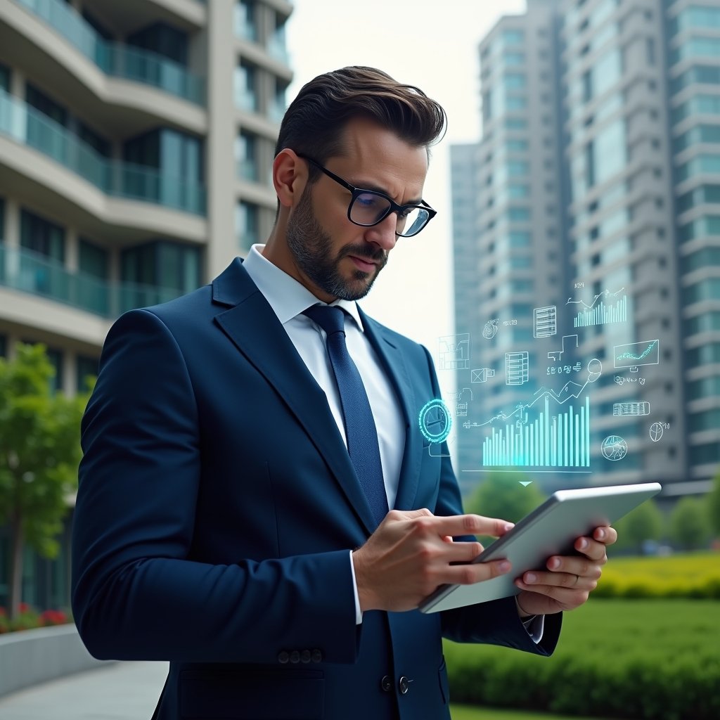 Ultra-realistic condominium manager in a tailored navy suit, set in a modern luxury condominium environment with high-rise buildings and manicured green landscaping, close-up of the manager reviewing holographic financial charts projected above a tablet, expression confident and focused, symbolic floating icons of balance sheets and graphs, cinematic lighting, shallow depth of field, highly detailed textures, realistic skin, photographic realism, 8k resolution --ar 1:1 --v 6