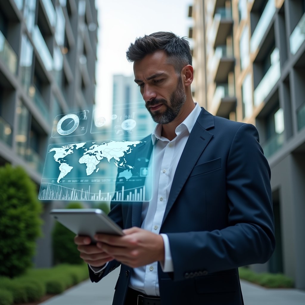 Ultra-realistic condominium manager in a navy blue suit and crisp white shirt, set in a modern luxury condominium environment with high-rise buildings and well-manicured greenery, reviewing holographic financial charts projected from a tablet, serious and focused expression, holographic icons of receipts and pie charts floating around, cinematic lighting, shallow depth of field, highly detailed textures, realistic skin, photographic realism, 8k resolution --ar 1:1 --v 6