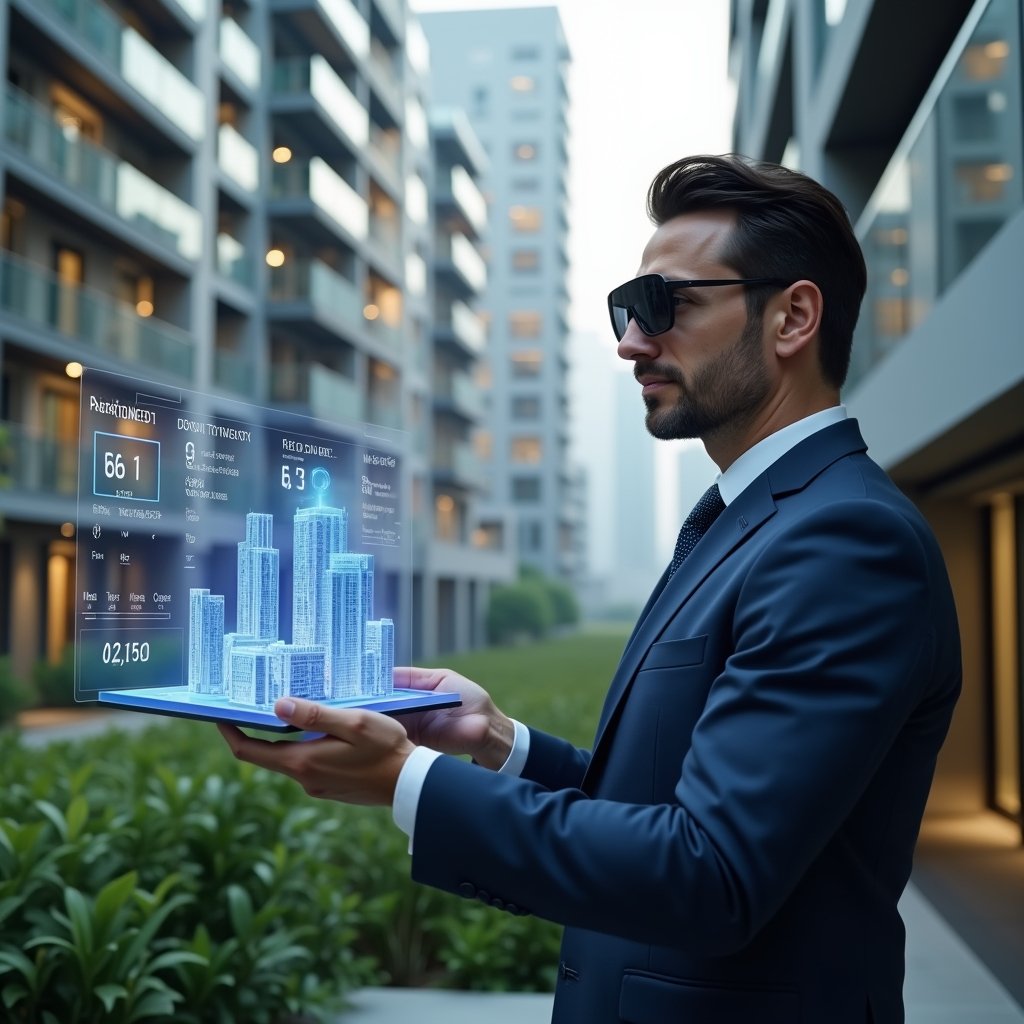 (Ultra-realistic condominium manager in a tailored navy blue suit, set in a modern luxury condominium environment with high-rise buildings and green landscaping, reviewing a floating holographic financial dashboard displaying expense charts and budget forecasts, holographic icons of money and building blueprints, confident and focused expression, cinematic lighting, shallow depth of field, highly detailed textures, realistic skin, photographic realism, 8k resolution --ar 1:1 --v 6)