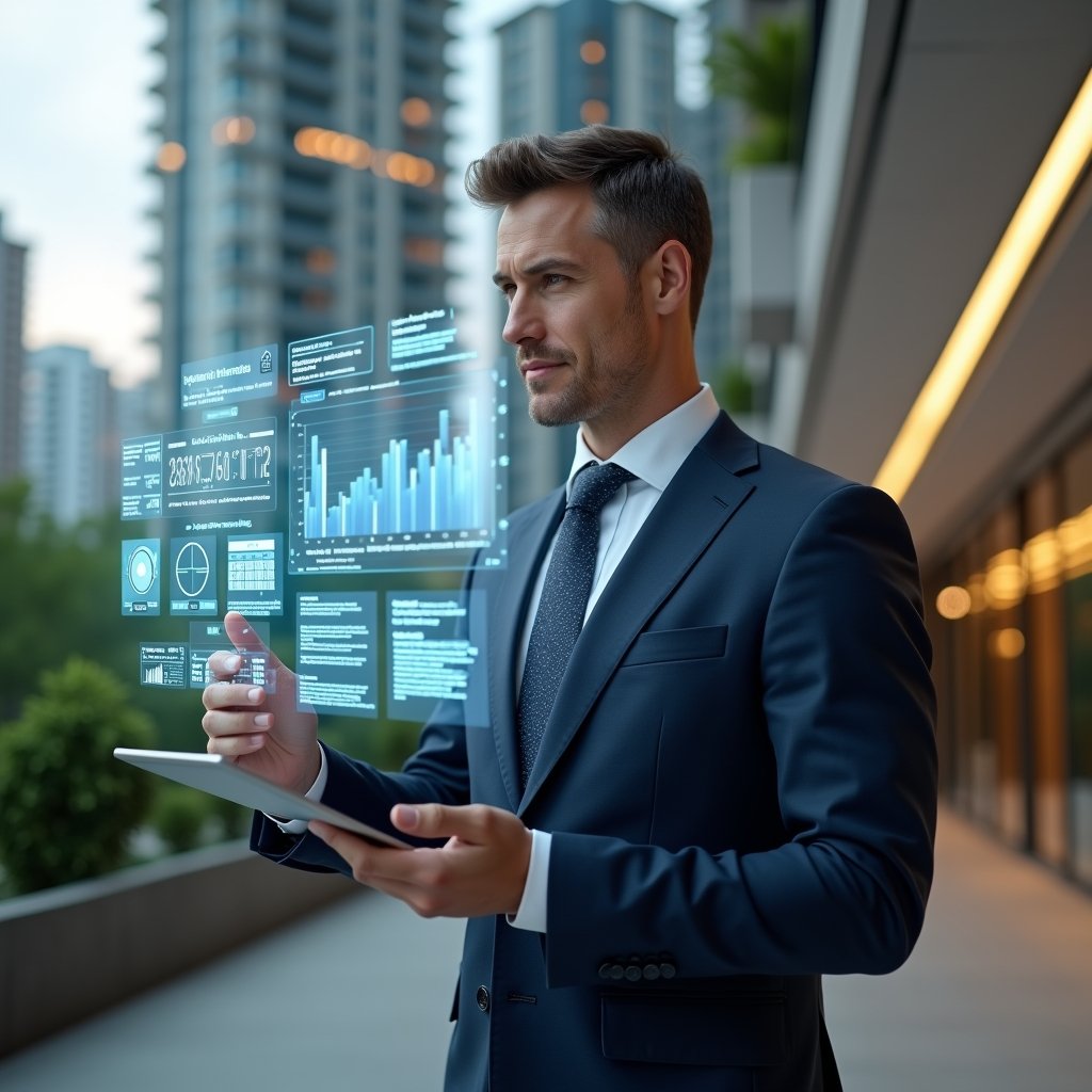 (Ultra-realistic condominium manager in a tailored navy suit, set in a modern luxury condominium environment with high-rise buildings and lush green landscaping, interacting with a holographic interface displaying financial charts, messaging icons, booking calendars and maintenance alerts, confident and focused expression, holographic app elements floating around, cinematic lighting, shallow depth of field, highly detailed textures, realistic skin, photographic realism, 8k resolution --ar 1:1 --v 6)