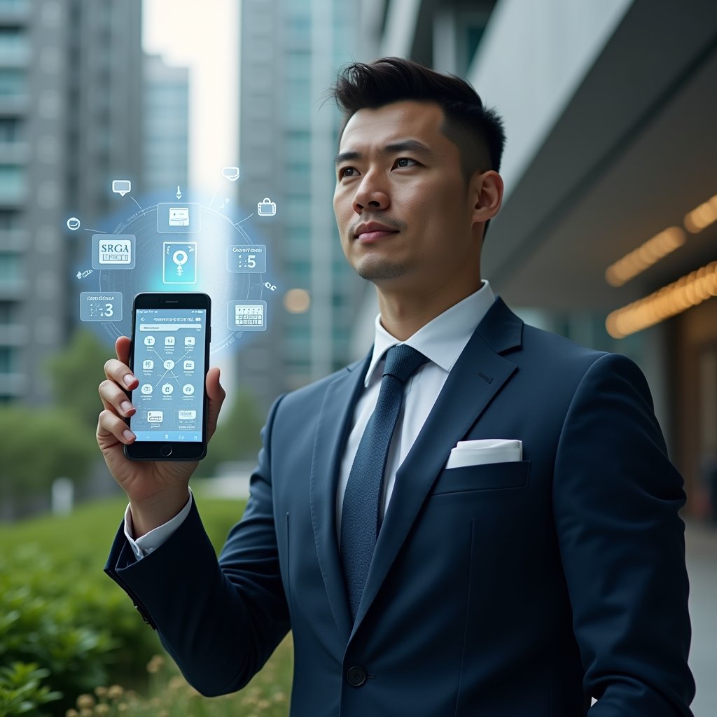(Ultra-realistic condominium manager in a navy suit, set in a modern luxury condominium environment with high-rise buildings and lush green landscaping, holding a smartphone projecting a floating holographic interface of app icons for communication bubbles, financial charts, security locks, reservation calendars and maintenance tools, confident and focused expression, cinematic lighting, shallow depth of field, highly detailed textures, realistic skin, photographic realism, 8k resolution --ar 1:1 --v 6)