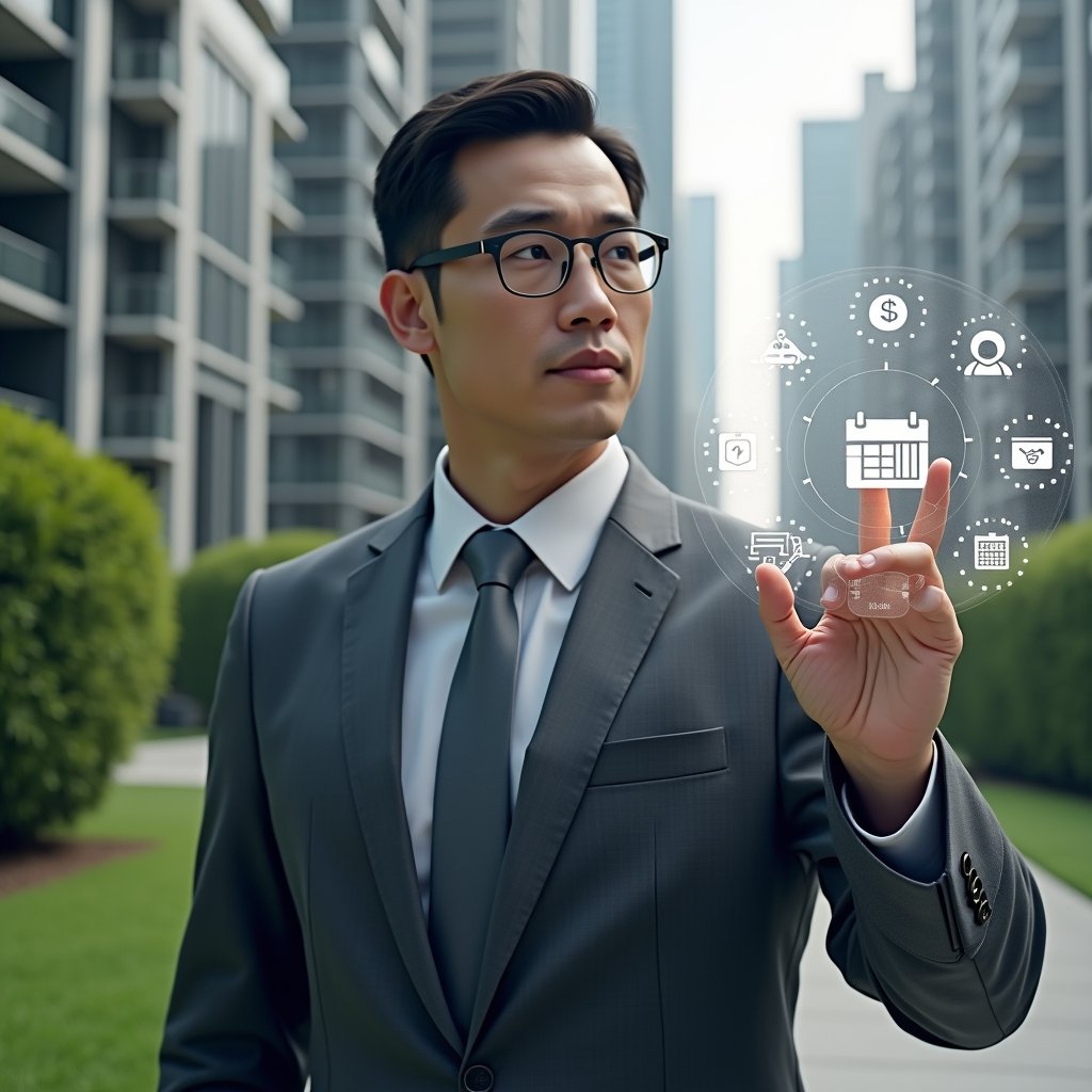 (Ultra-realistic condominium manager in a charcoal gray executive suit, set in a modern luxury condominium environment with high-rise buildings and manicured green landscaping, interacting confidently with a floating holographic interface displaying icons for financial control, messaging alerts, security access, reservation calendar, service tickets and analytics charts, cinematic lighting, shallow depth of field, highly detailed textures, realistic skin, photographic realism, 8k resolution --ar 1:1 --v 6)