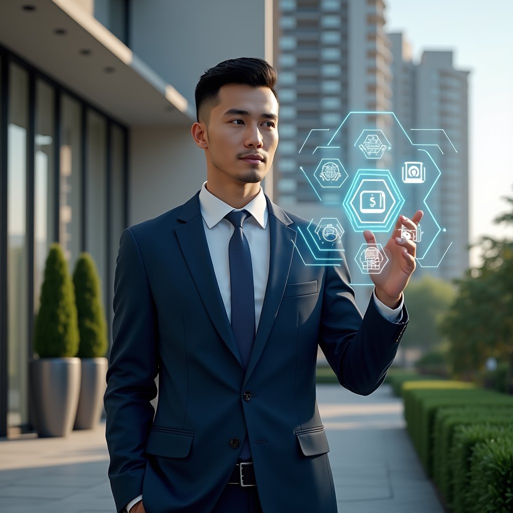 (Ultra-realistic condominium manager in a tailored navy suit, set in a modern luxury condominium environment with high-rise buildings and manicured greenery, interacting with a floating holographic interface displaying icons for chat, finance, reservations, visitor access, maintenance, online voting, and analytics, confident and focused expression, cinematic lighting, shallow depth of field, highly detailed textures, realistic skin, photographic realism, 8k resolution --ar 1:1 --v 6)