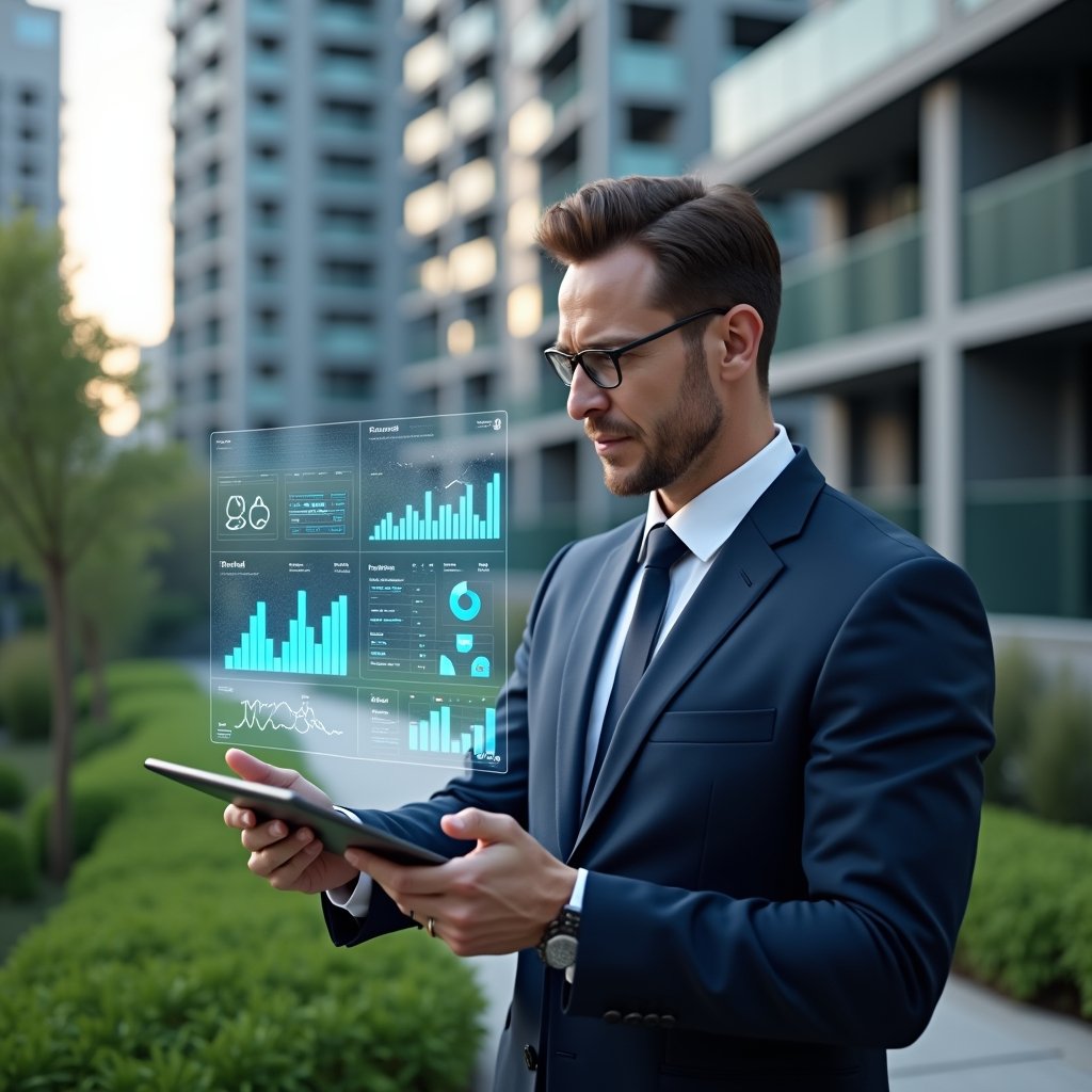 (Ultra-realistic condominium manager in a tailored navy suit, set in a modern luxury condominium environment with high-rise buildings and manicured green landscaping, analyzing holographic financial dashboards projected from a sleek tablet, confident and focused expression, floating bar charts and pie-chart icons symbolizing key financial indicators, cinematic lighting, shallow depth of field, highly detailed textures, realistic skin, photographic realism, 8k resolution --ar 1:1 --v 6)