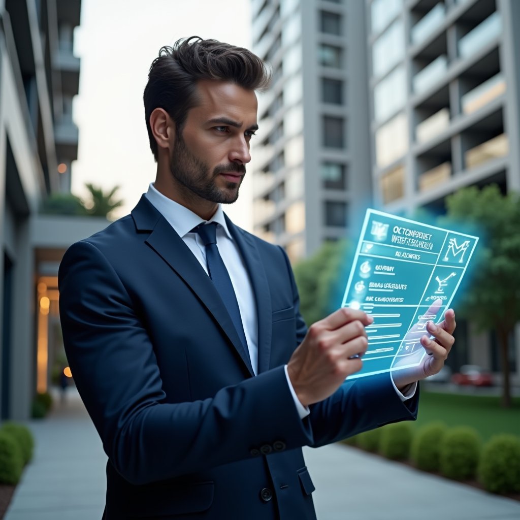 Ultra-realistic condominium property manager in a dark blue tailored suit, set in a modern luxury condominium environment with high-rise buildings and manicured greenery, reviewing a holographic checklist of digital reminders and floating calendar icons for assemblies, maintenance and financial audits, confident and focused expression, cinematic lighting, shallow depth of field, highly detailed textures, realistic skin, photographic realism, 8k resolution --ar 1:1 --v 6