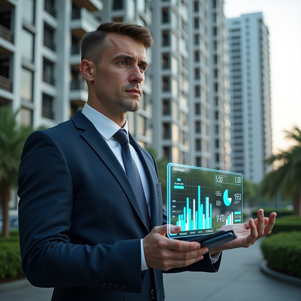(Ultra-realistic condominium manager in a tailored navy suit, set in a modern luxury condominium environment with high-rise buildings and manicured greenery, analyzing a holographic financial dashboard with floating bar graphs and pie charts, confident and focused expression, cinematic lighting, shallow depth of field, highly detailed textures, realistic skin, photographic realism, 8k resolution --ar 1:1 --v 6)