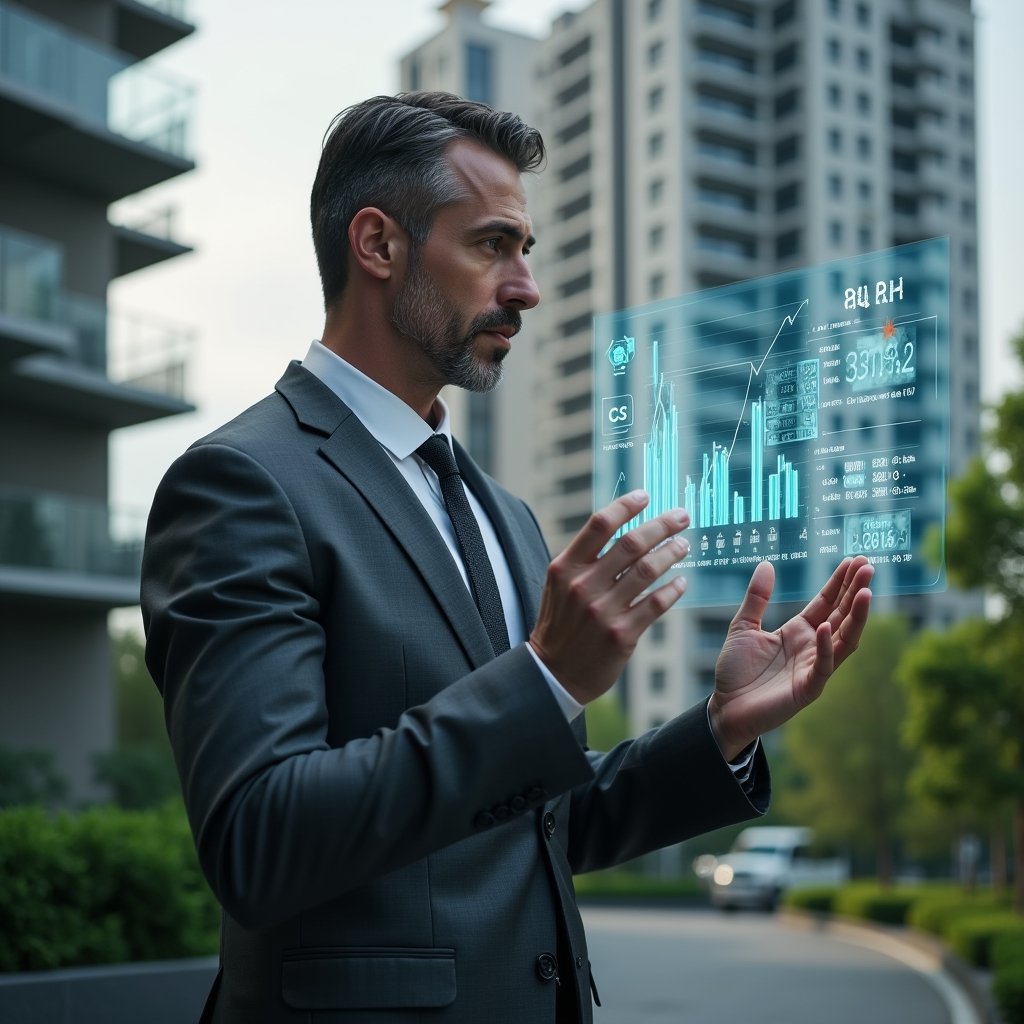 Ultra-realistic property manager in a charcoal gray suit, set in a modern luxury condominium environment with high-rise buildings and lush green landscaping, analyzing a holographic financial dashboard displaying rising expense charts and warning icons, looking thoughtful and confident, cinematic lighting, shallow depth of field, highly detailed textures, realistic skin, photographic realism, 8k resolution --ar 1:1 --v 6