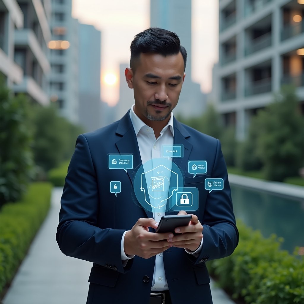 (Ultra-realistic property manager in a tailored navy suit, set in a modern luxury condominium environment with high-rise buildings and meticulously landscaped greenery, holding a smartphone displaying holographic icons of booking slots, chat bubbles, and security locks, confidently tapping the screen to showcase an intuitive condominium management app, cinematic lighting, shallow depth of field, highly detailed textures, realistic skin, photographic realism, 8k resolution --ar 1:1 --v 6)