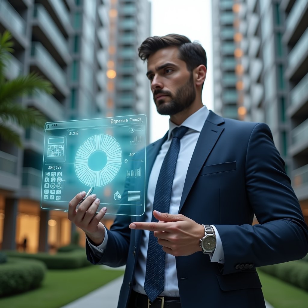 Ultra-realistic condominium manager in a tailored navy suit, set in a modern luxury condominium environment with high-rise buildings and manicured green landscaping, analyzing a holographic pie chart of expense fractions with a stylus in hand, holographic icons of calculators and financial graphs floating beside, confident and focused expression, cinematic lighting, shallow depth of field, highly detailed textures, realistic skin, photographic realism, 8k resolution --ar 1:1 --v 6