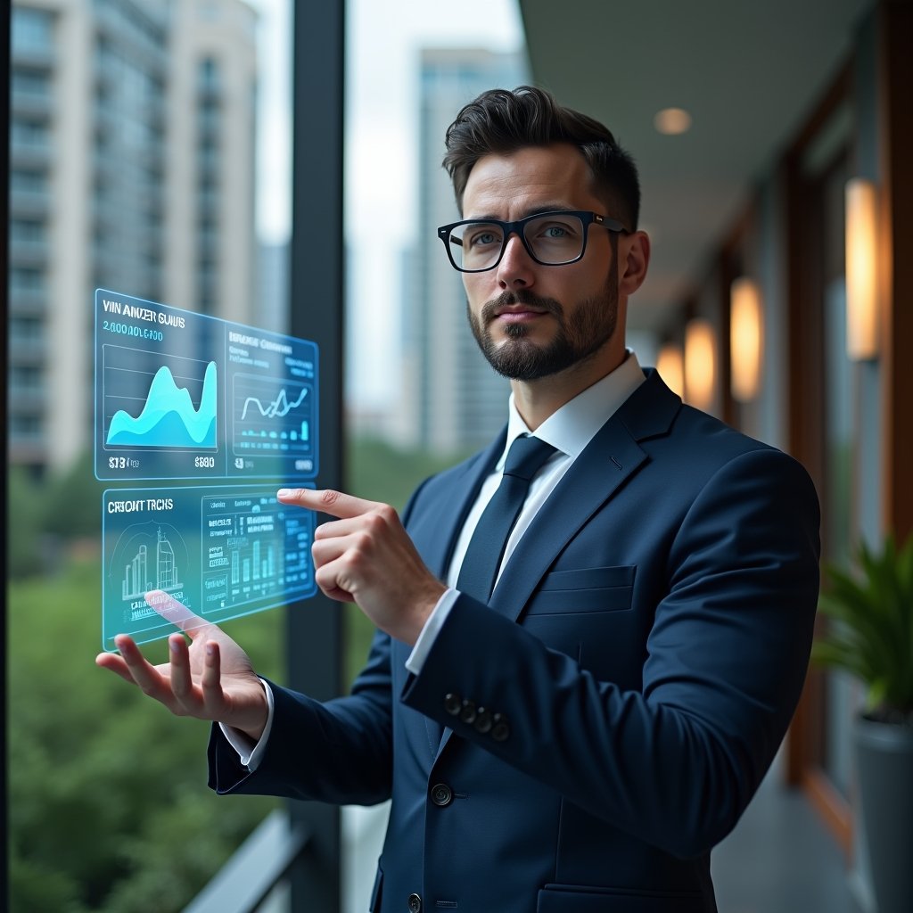 (Ultra-realistic condominium manager in a tailored navy suit, set in a modern luxury condominium environment with high-rise buildings and meticulously landscaped gardens, confidently pointing at a floating holographic dashboard displaying financial charts and real-time alerts, subtle icons of a mobile app interface hovering nearby, cinematic lighting, shallow depth of field, highly detailed textures, realistic skin, photographic realism, 8k resolution --ar 1:1 --v 6)