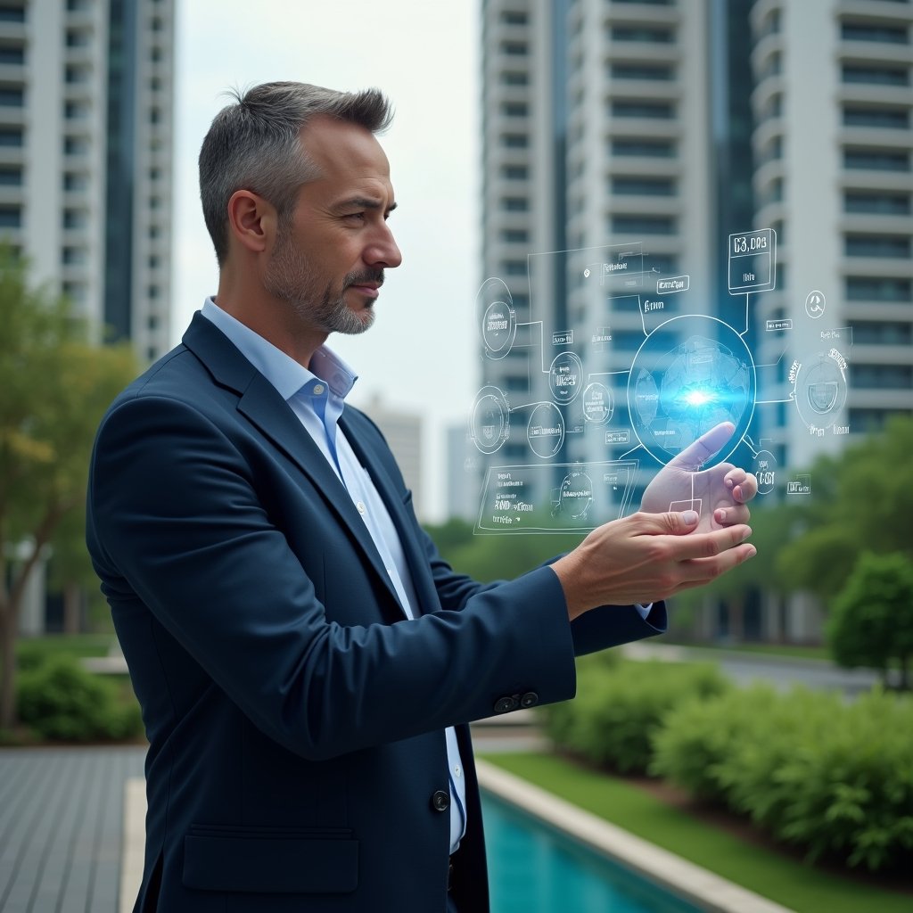 Ultra-realistic condominium manager in a tailored navy suit, set in a modern luxury condominium environment with high-rise buildings and lush green landscaping, interacting with a holographic maintenance schedule and digital calendar overlay, confident expression as they adjust automated task timelines, floating icons of gears and clocks symbolizing automation and preventive maintenance, cinematic lighting, shallow depth of field, highly detailed textures, realistic skin, photographic realism, 8k resolution --ar 1:1 --v 6