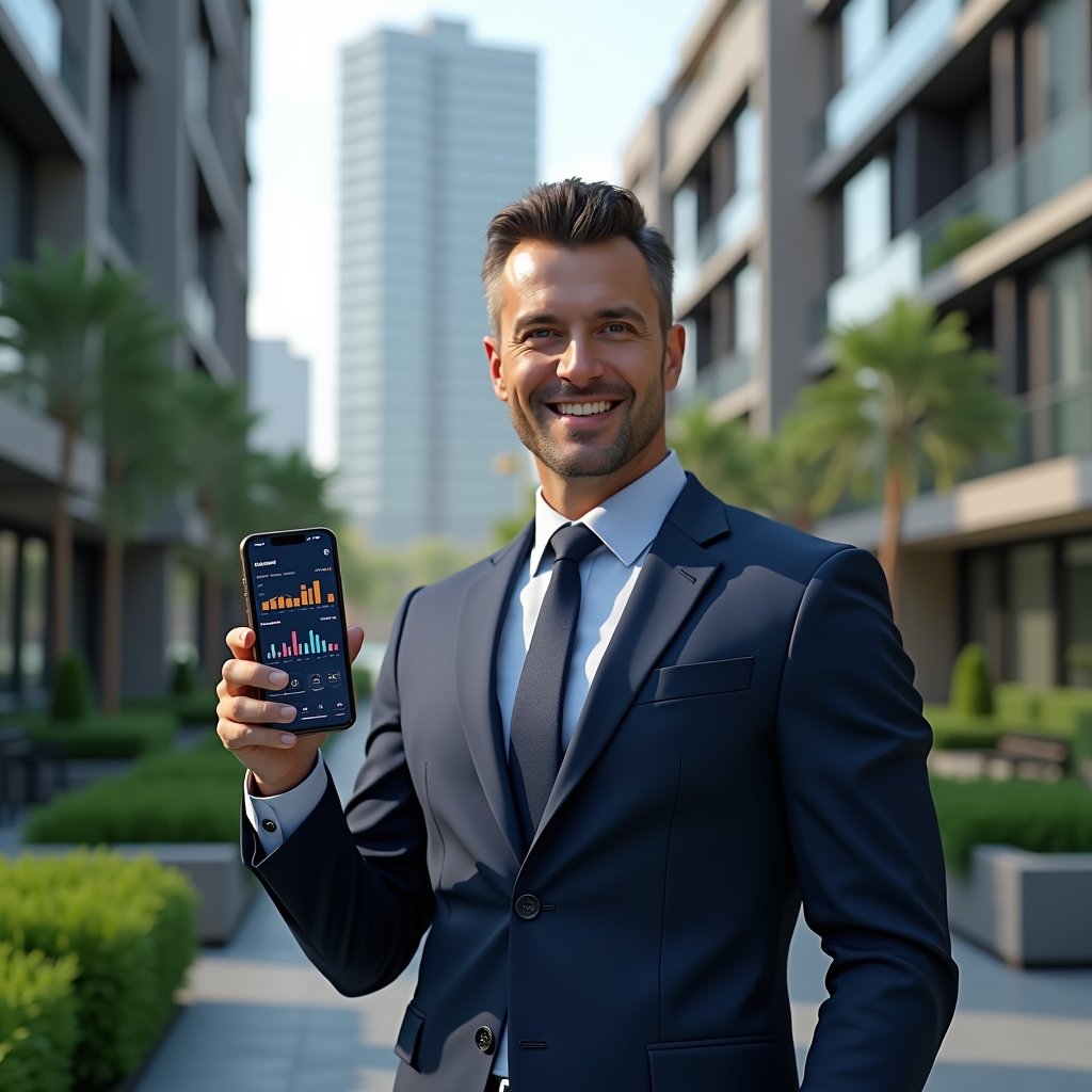 Ultra-realistic condominium manager in a tailored navy suit, set in a modern luxury condominium environment with high-rise buildings and manicured green landscaping, holding a smartphone in a confident pose with holographic app interface displaying financial charts and notification icons, cinematic lighting, shallow depth of field, highly detailed textures, realistic skin, photographic realism, 8k resolution --ar 1:1 --v 6