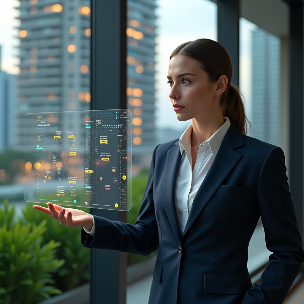(Ultra-realistic condominium manager in a dark navy suit, set in a modern luxury condominium environment with high-rise buildings and lush green landscaping, interacting with a holographic digital schedule calendar floating before them, displaying color-coded tasks and maintenance icons, focused and confident expression, cinematic lighting, shallow depth of field, highly detailed textures, realistic skin, photographic realism, 8k resolution --ar 1:1 --v 6)