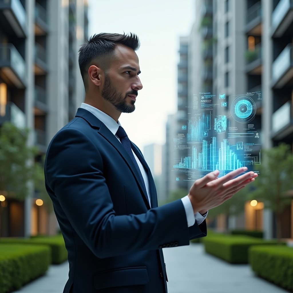 (Ultra-realistic condominium manager in a tailored navy suit, set in a modern luxury condominium environment with high-rise buildings and manicured green landscaping, examining a floating transparent hologram of financial charts and reports with a confident, focused expression, symbolic icons of ledgers and checkmarks hovering nearby, cinematic lighting, shallow depth of field, highly detailed textures, realistic skin, photographic realism, 8k resolution --ar 1:1 --v 6)