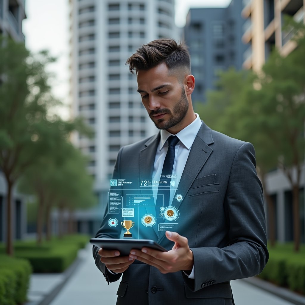 (Ultra-realistic condominium manager in a charcoal gray executive suit, set in a modern luxury condominium environment with high-rise buildings and manicured green landscaping, holding a digital tablet displaying a holographic payment chart and chat icons, confidently reviewing financial data to reduce delinquency, a floating hologram of coins and trophy symbolizing incentives in the foreground, cinematic lighting, shallow depth of field, highly detailed textures, realistic skin, photographic realism, 8k resolution --ar 1:1 --v 6)