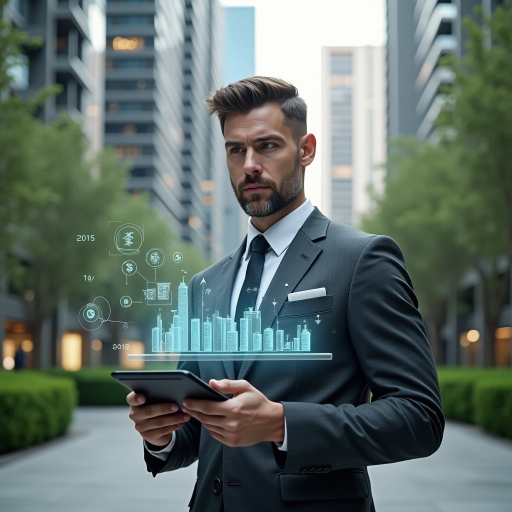 (Ultra-realistic condominium manager in a charcoal gray executive suit, set in a modern luxury condominium environment with high-rise buildings and meticulously manicured green landscaping, holding a tablet displaying a floating holographic cash-flow chart, confidently analyzing financial data with a thoughtful expression, holographic icons of coins and graphs swirling around, cinematic lighting, shallow depth of field, highly detailed textures, realistic skin, photographic realism, 8k resolution --ar 1:1 --v 6)