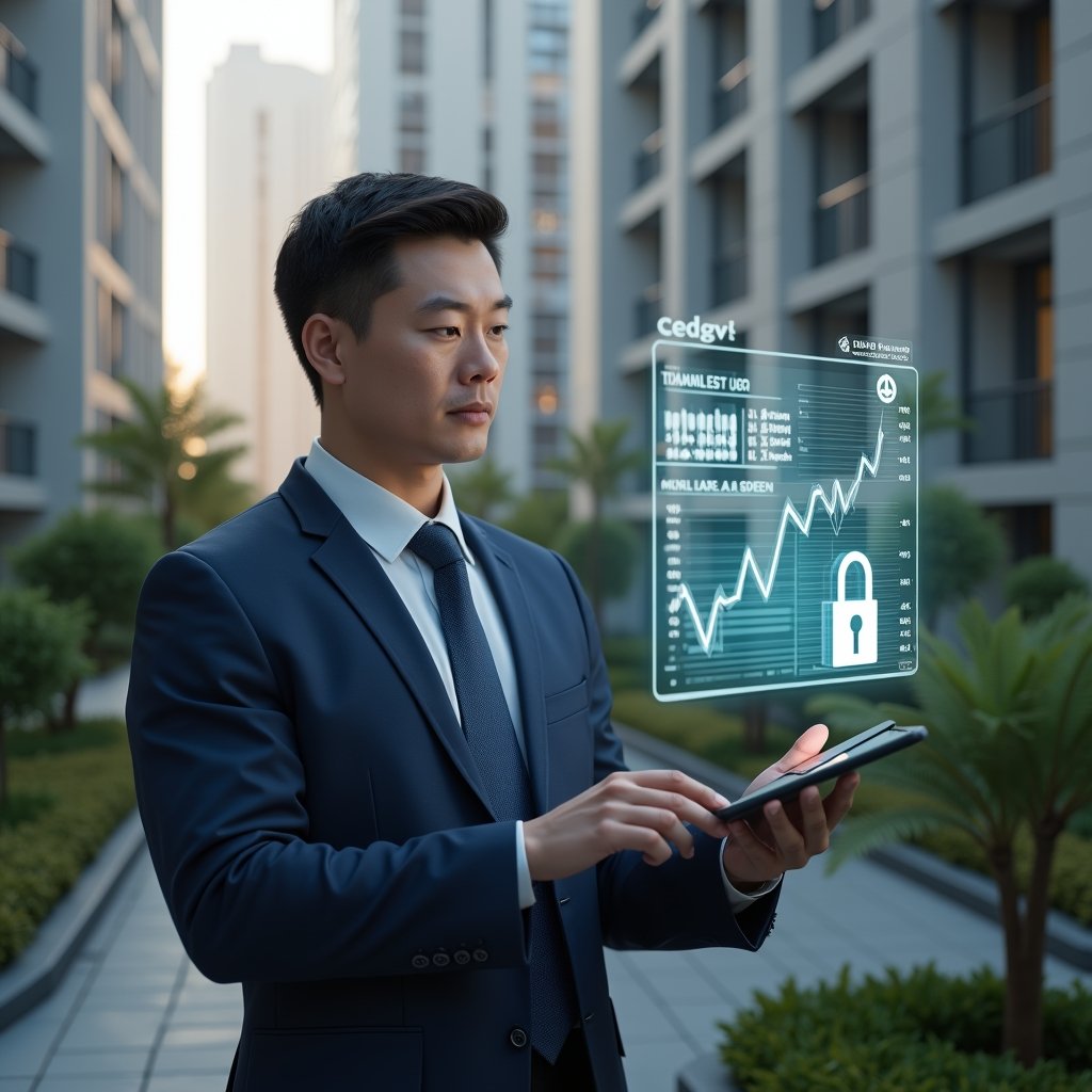 Ultra-realistic condominium manager in a navy tailored suit, set in a modern luxury condominium environment with high-rise buildings and meticulously landscaped gardens, reviewing a holographic financial dashboard with charts and a floating padlock symbolizing security, confident and focused expression, cinematic lighting, shallow depth of field, highly detailed textures, realistic skin, photographic realism, 8k resolution --ar 1:1 --v 6